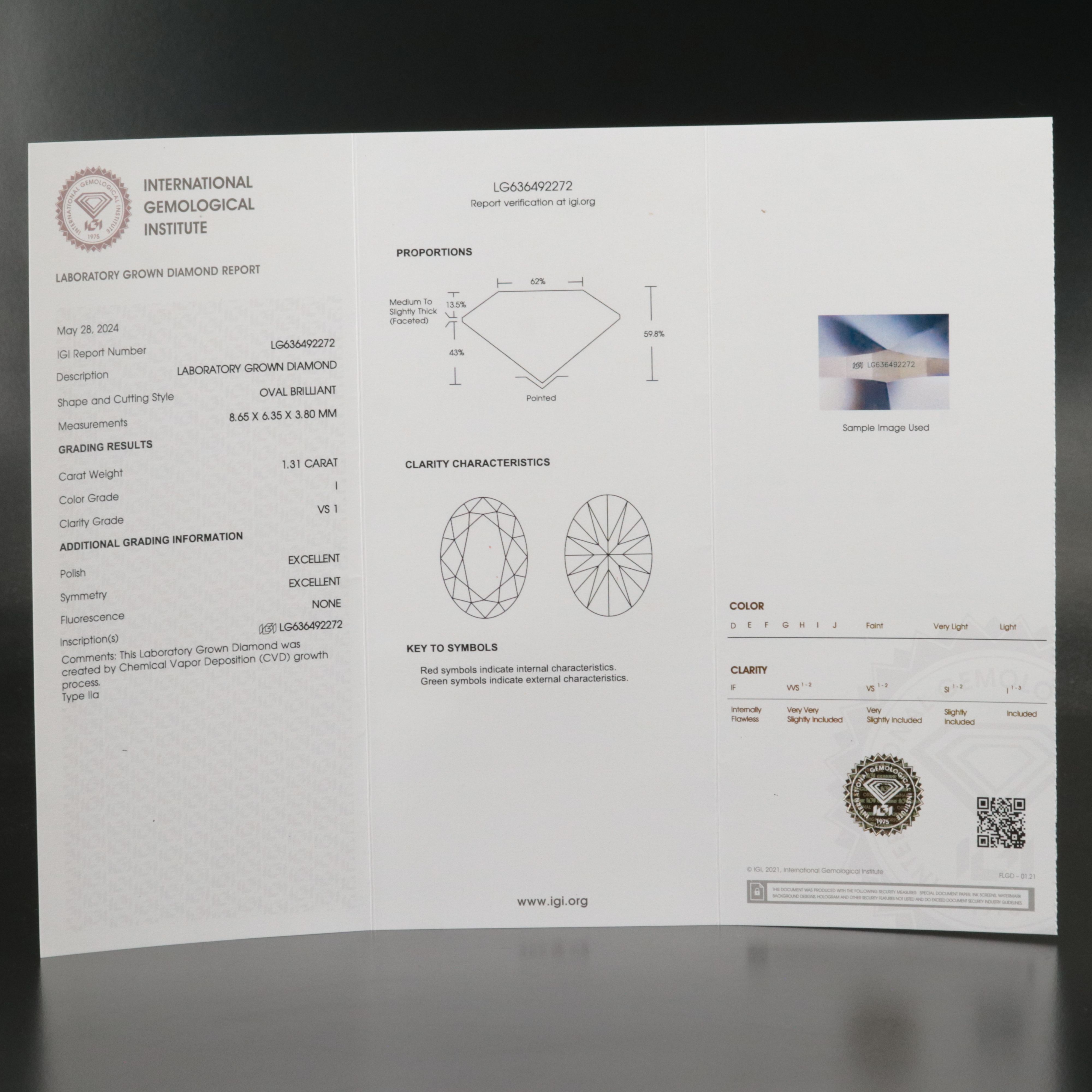 Loose 1.31 CT Lab Grown Diamond with IGI Report