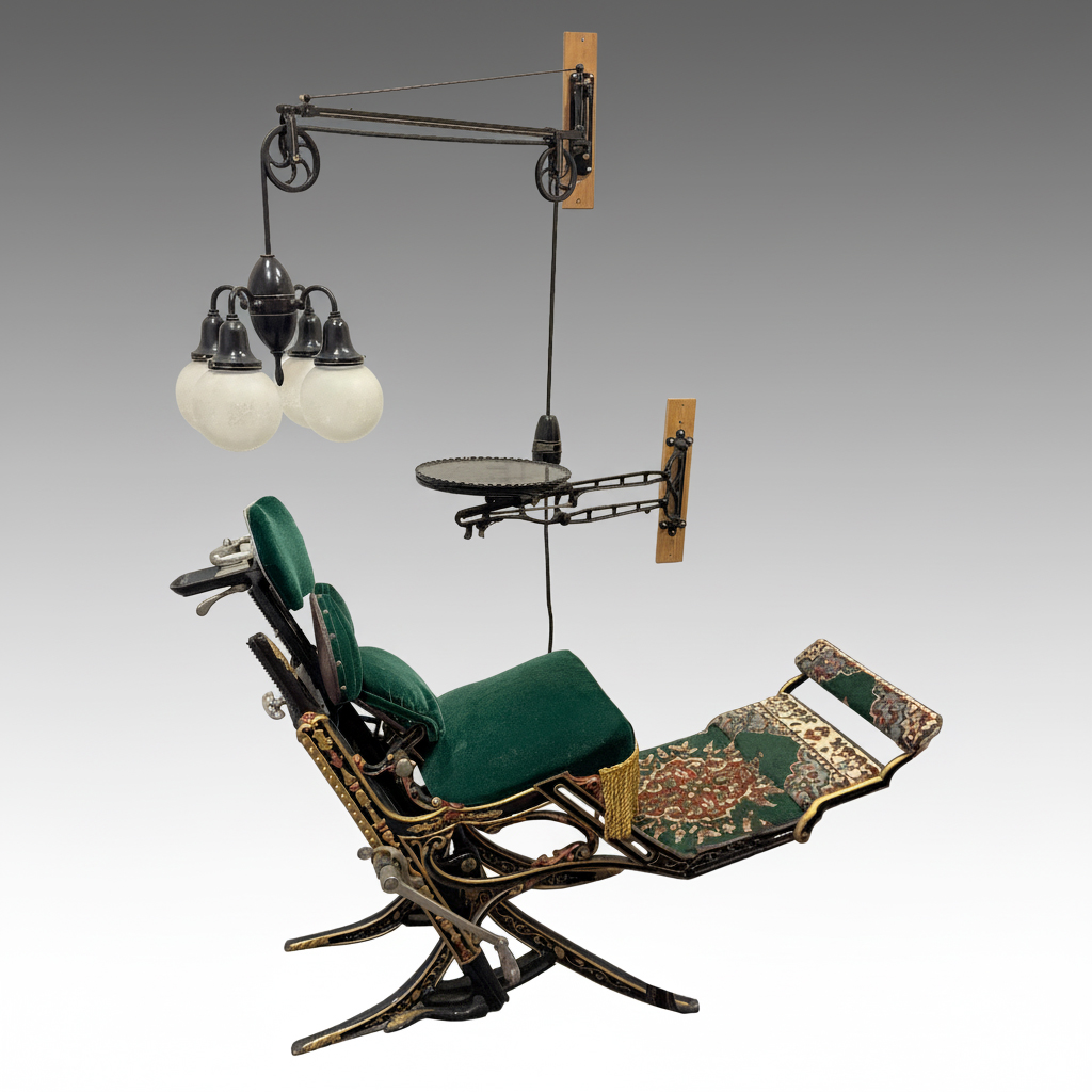 Antique Enameled Cast Iron Dental Chair, Pulley Lamp, Foot-Powered Drill & Tray
