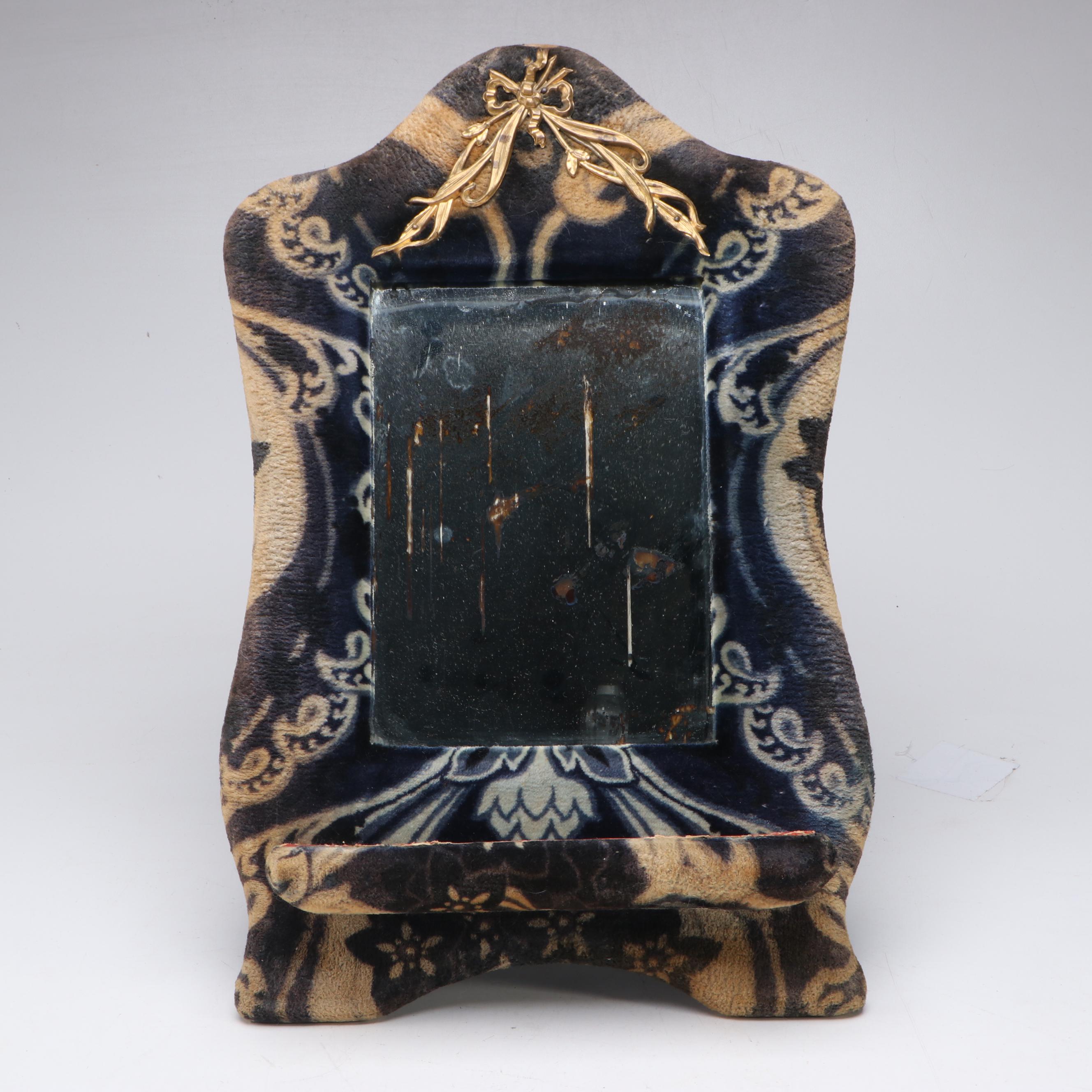 Victorian Patterned Fabric Vanity Mirror with Wooden Compartment