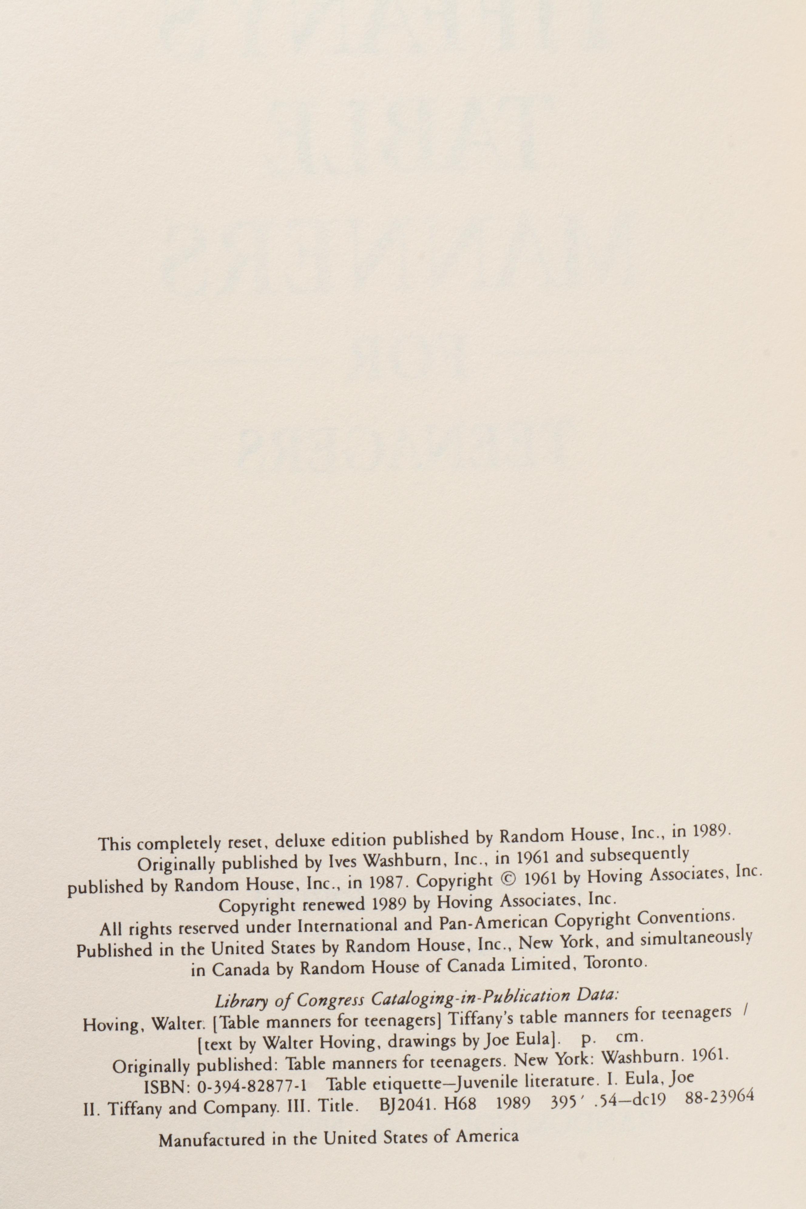 Illustrated "Tiffany's Table Manners for Teenagers" by Walter Hoving, 1989