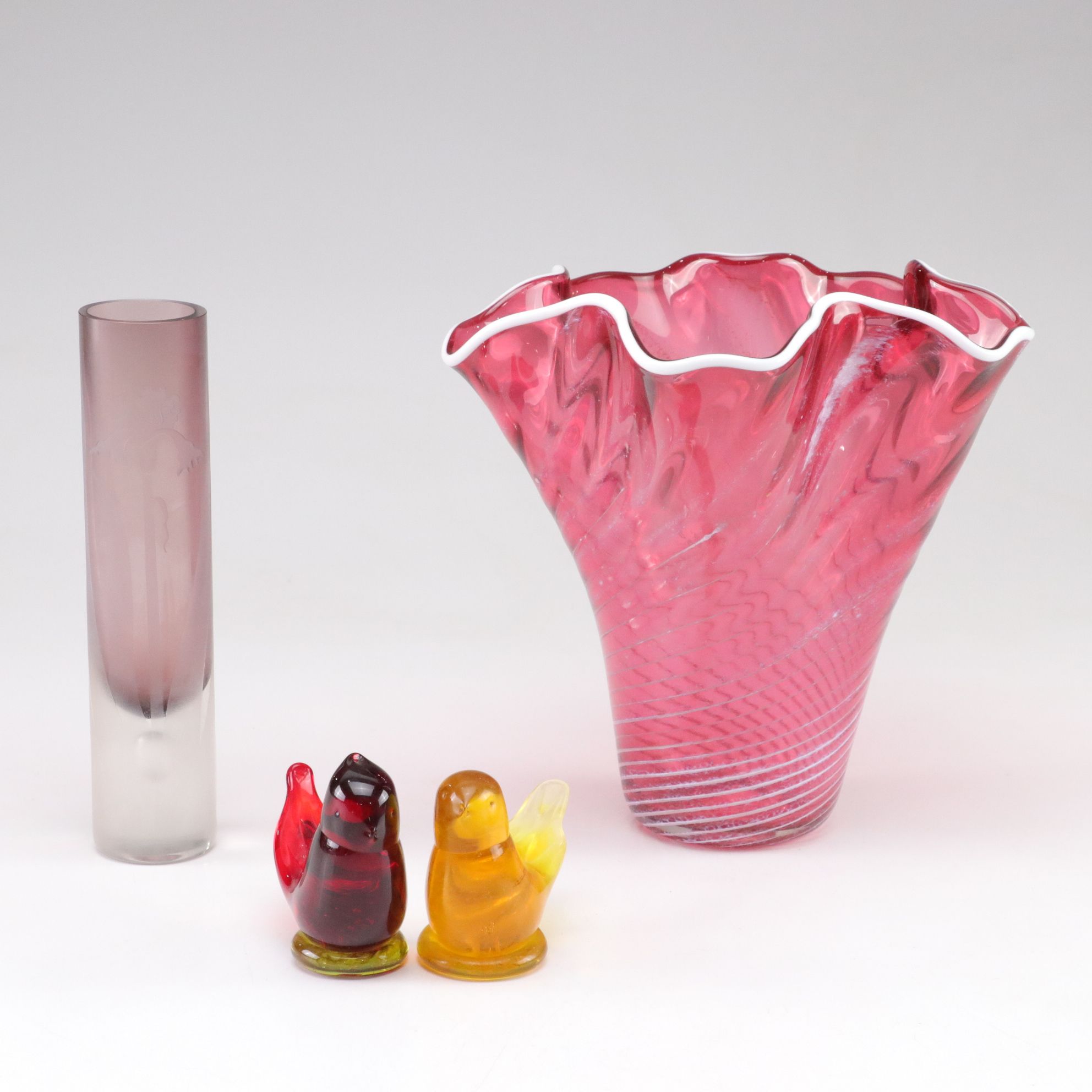 Titan "Cardinal of Love" and "Gold Canary" with Pink Swirl and Floral Vases