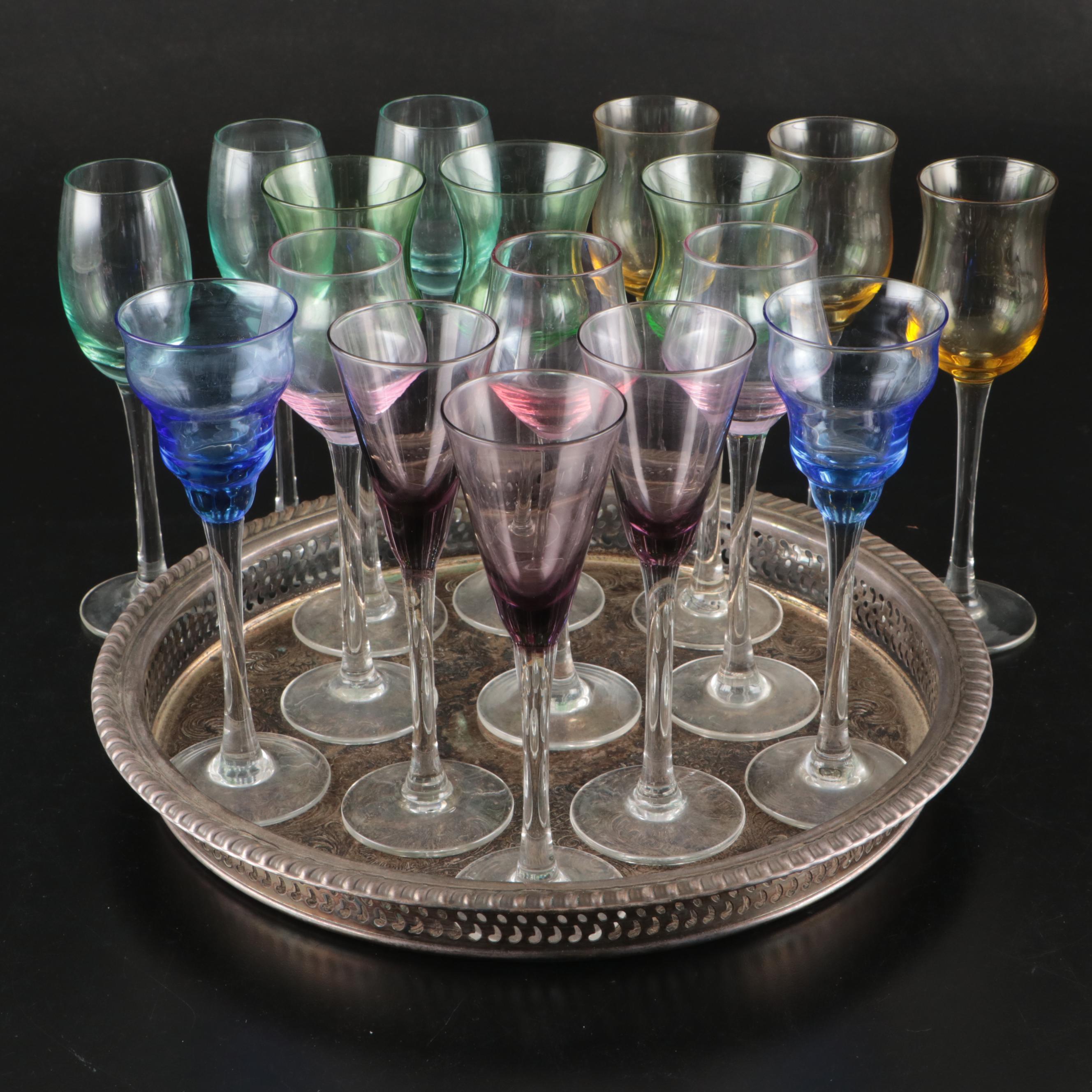 Wm. Rogers Silver Plate Round Tray with Multicolor Glass Stemware
