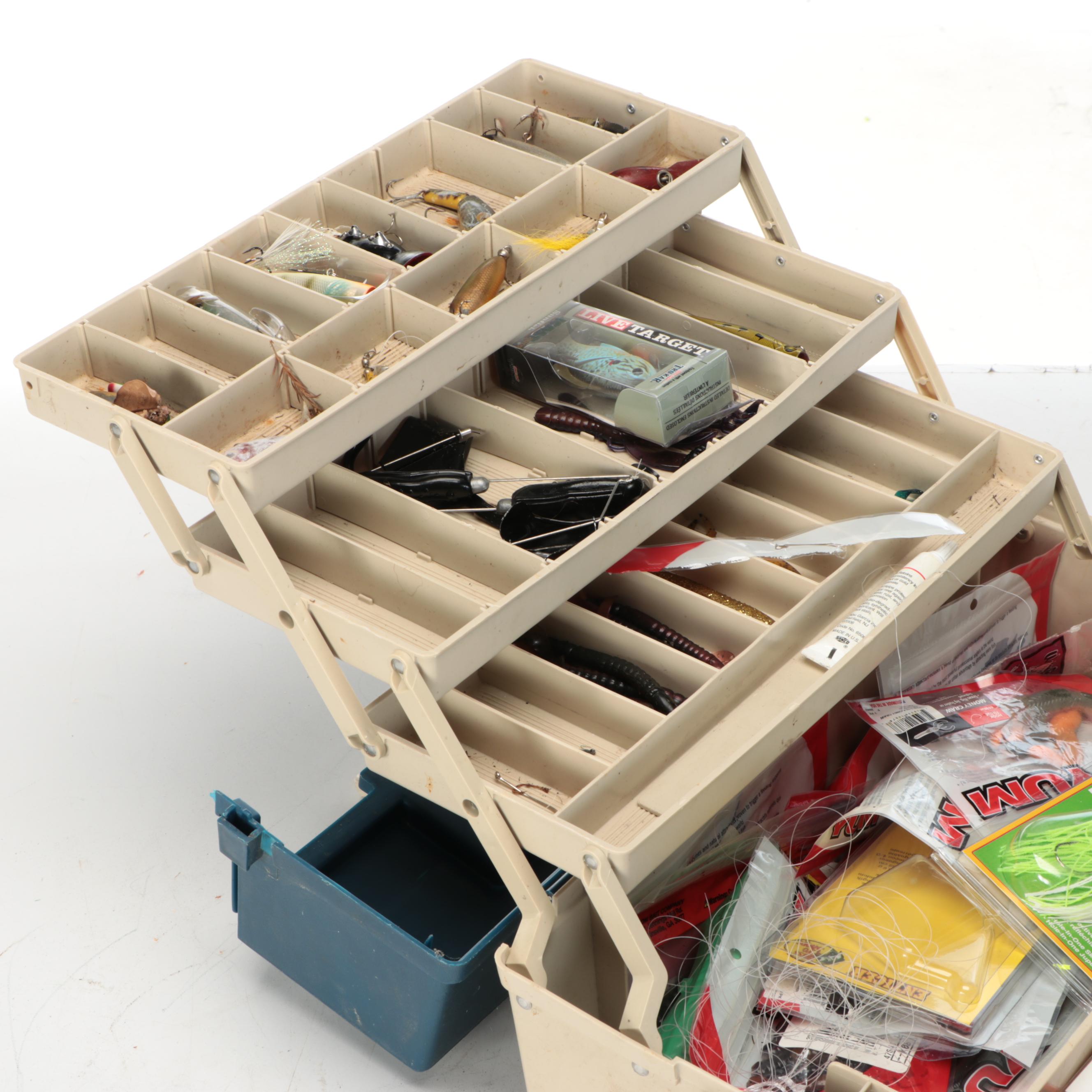 Plano Tackle Box with Synthetic Lures and More Fishing Supplies