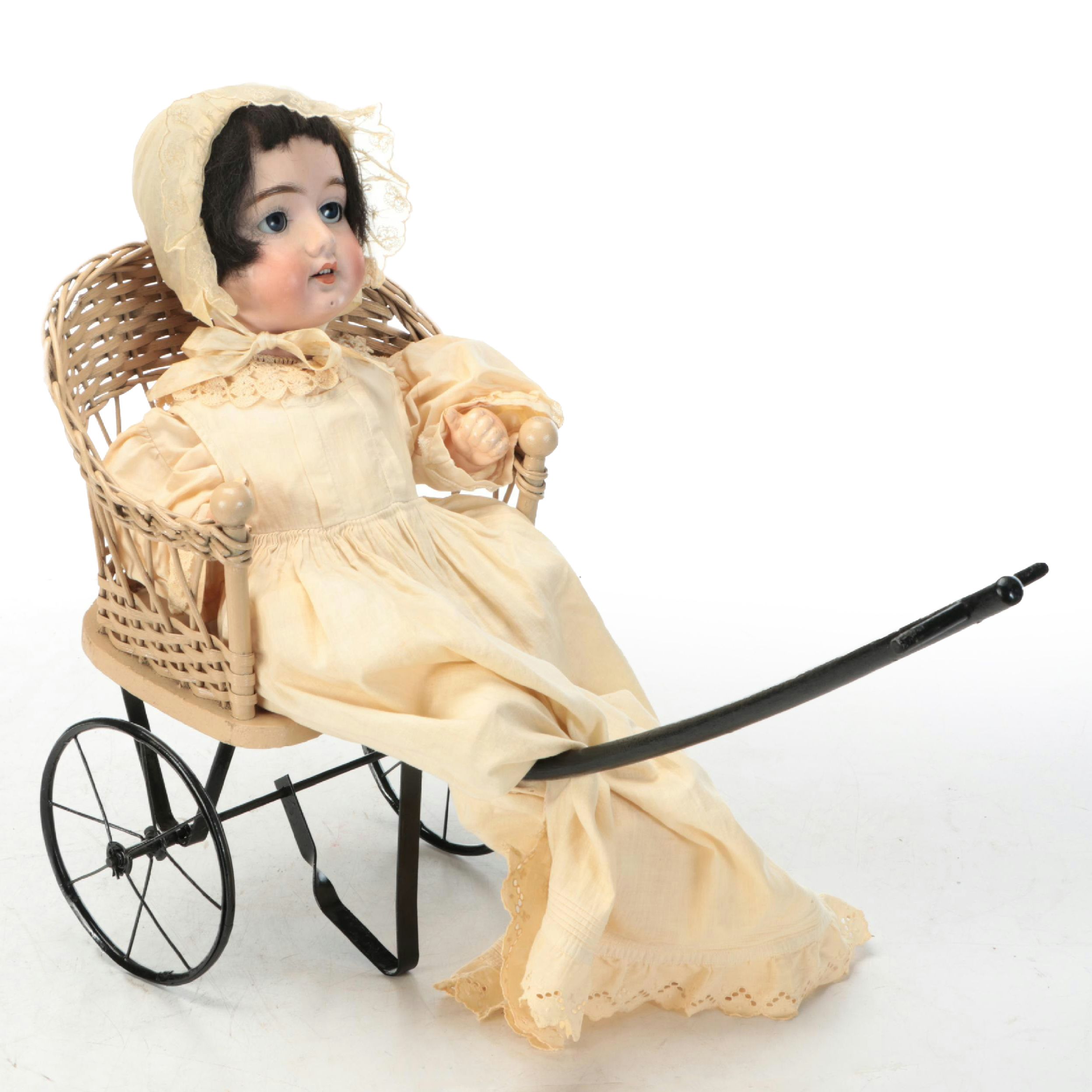 Victorian Style Bisque Doll Head with Voice Box Baby Body and Wicker Stroller