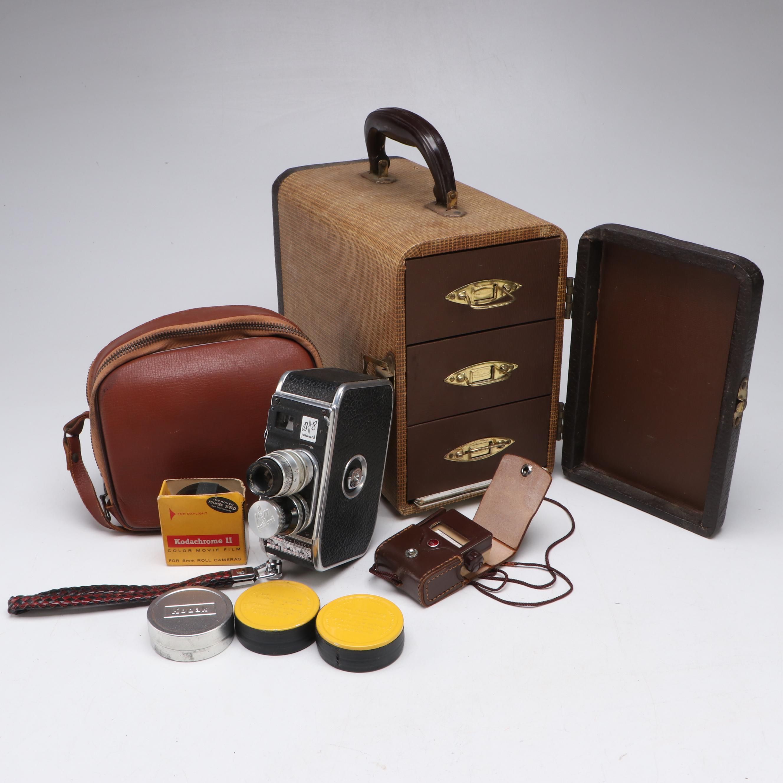 Bolex Paillard E8 Swiss 8mm Movie Camera with Vintage Slide Film Storage Case