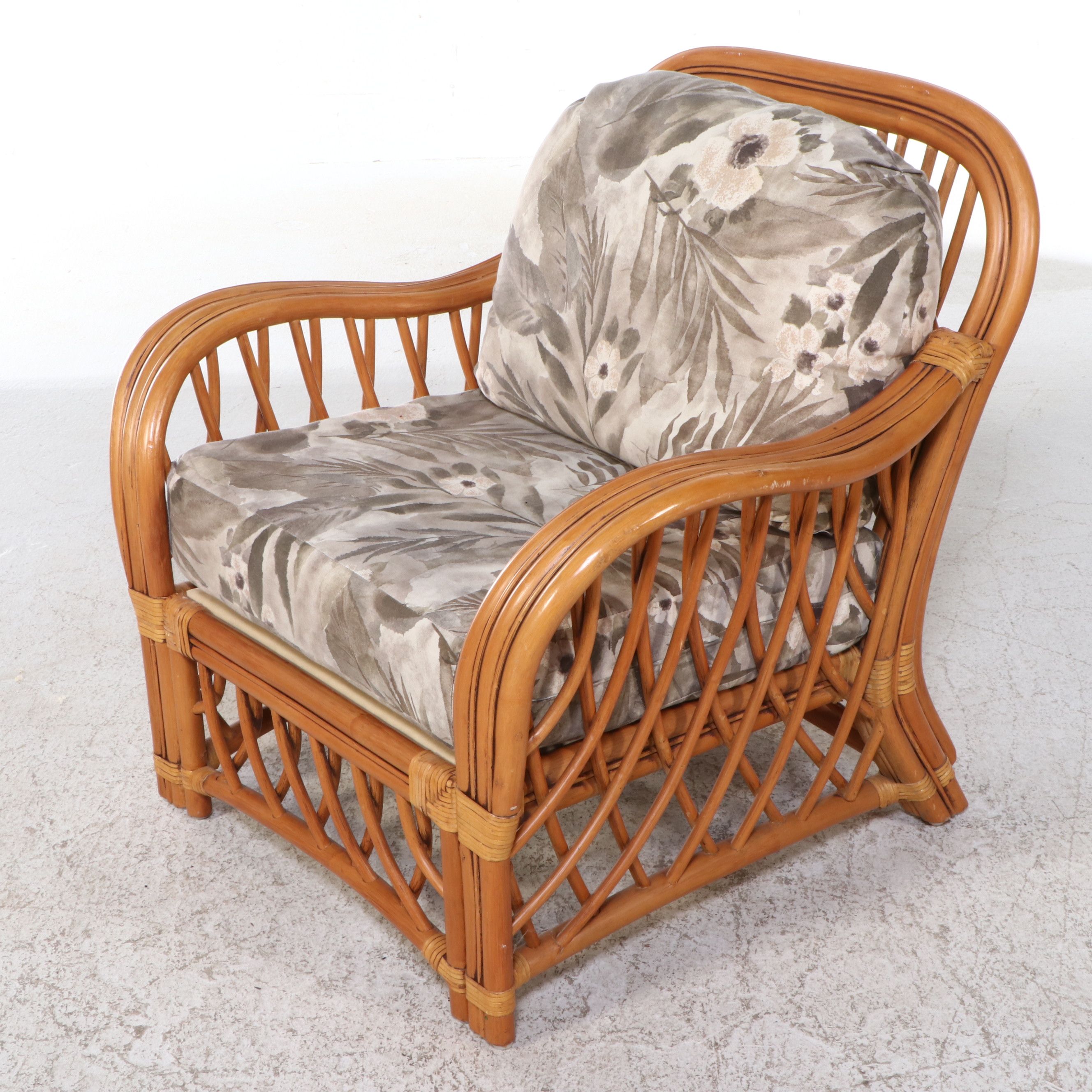 Rattan Armchair and Ottoman with Glass Top End Table