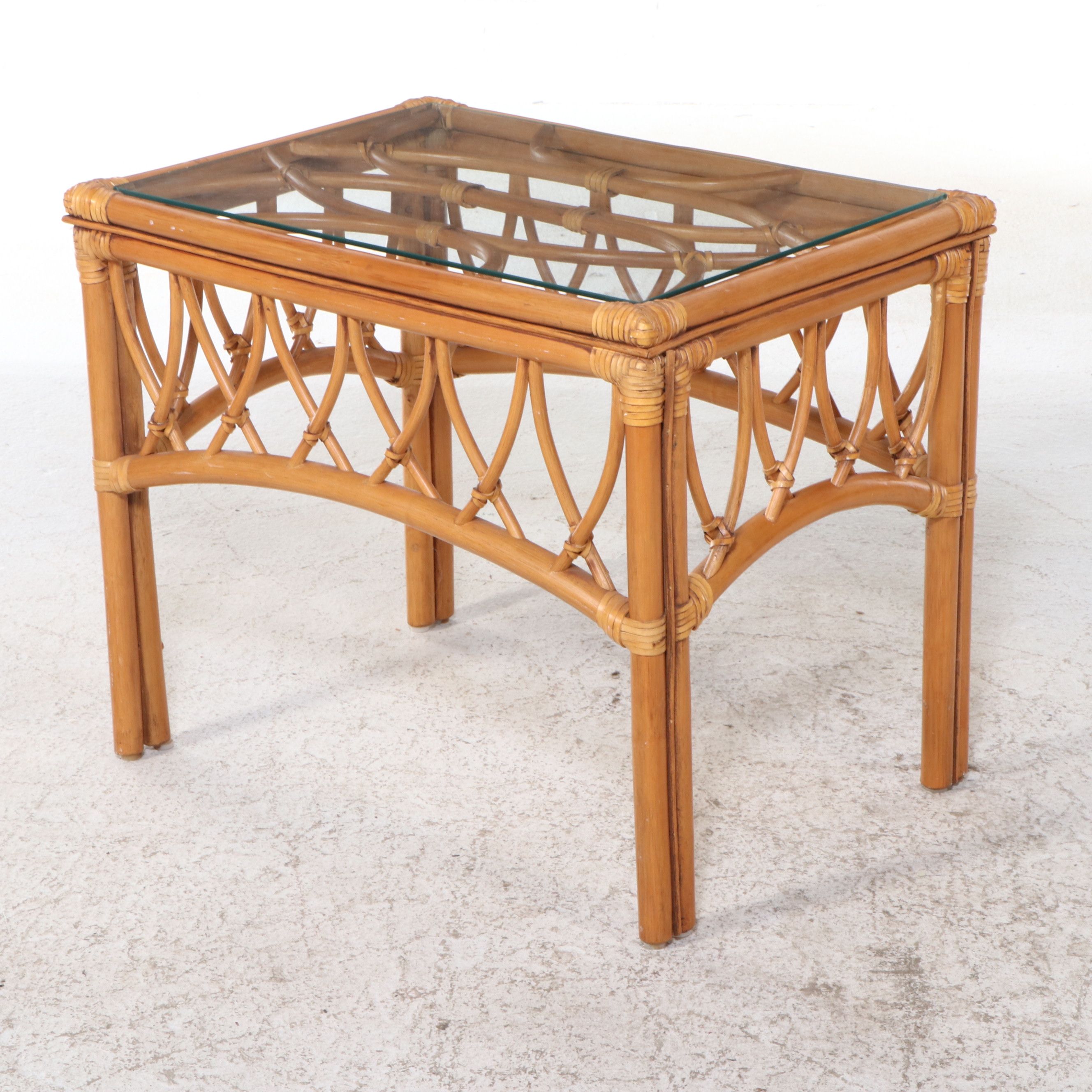 Rattan Armchair and Ottoman with Glass Top End Table