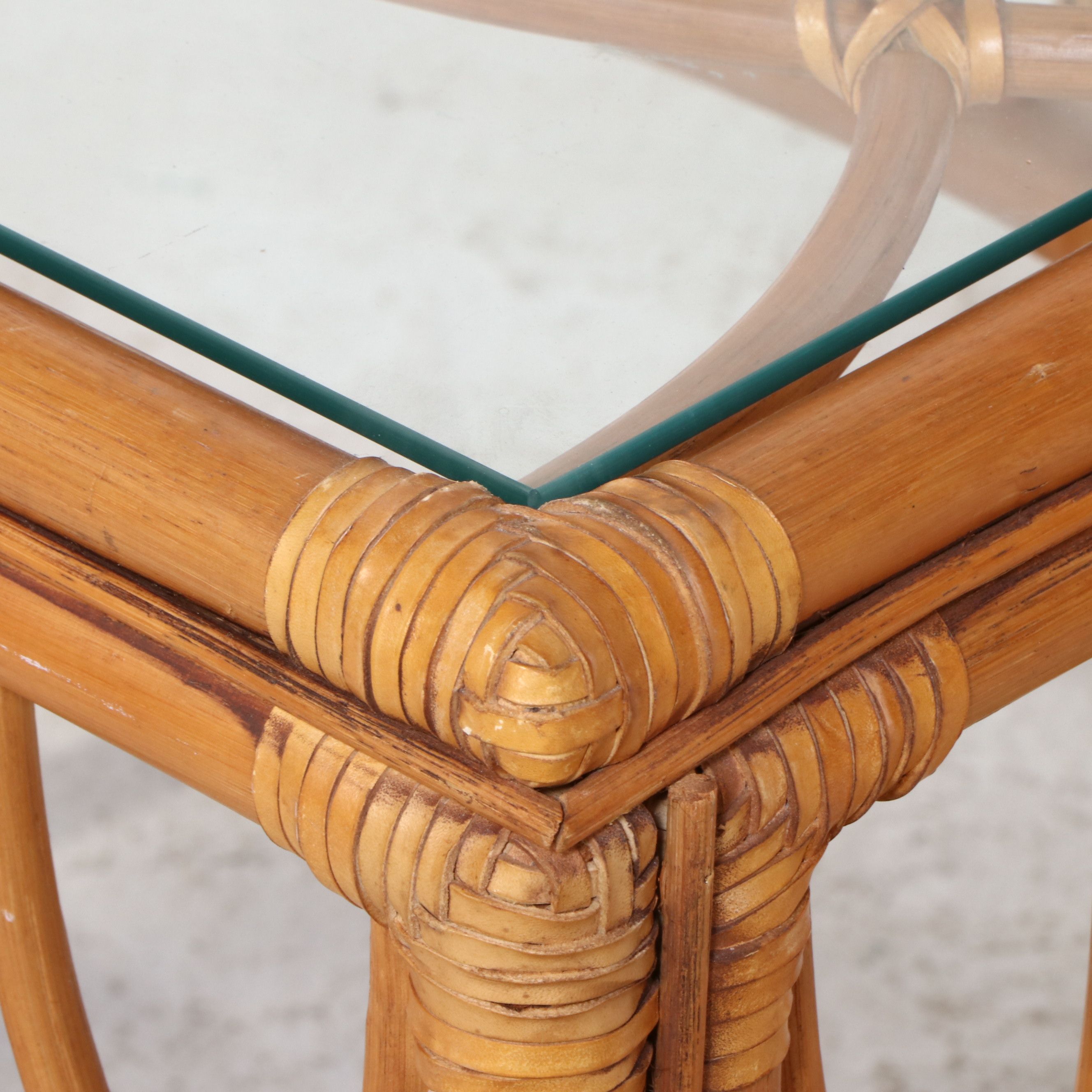 Rattan Armchair and Ottoman with Glass Top End Table
