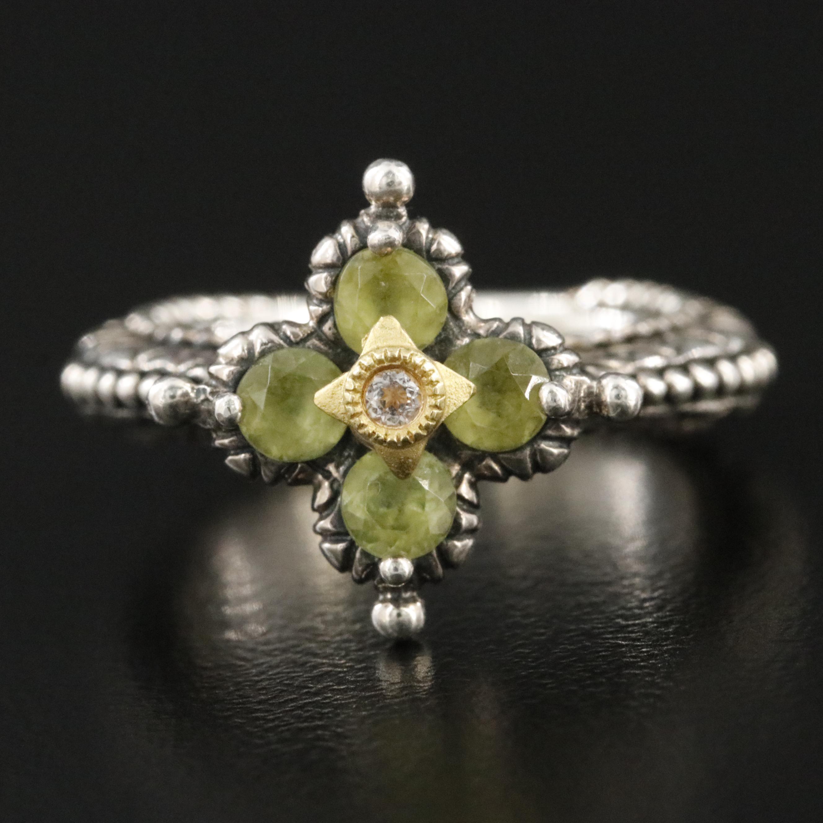 Barbara Bixby Sterling Peridot and White Topaz Flower Ring with 18K Accent