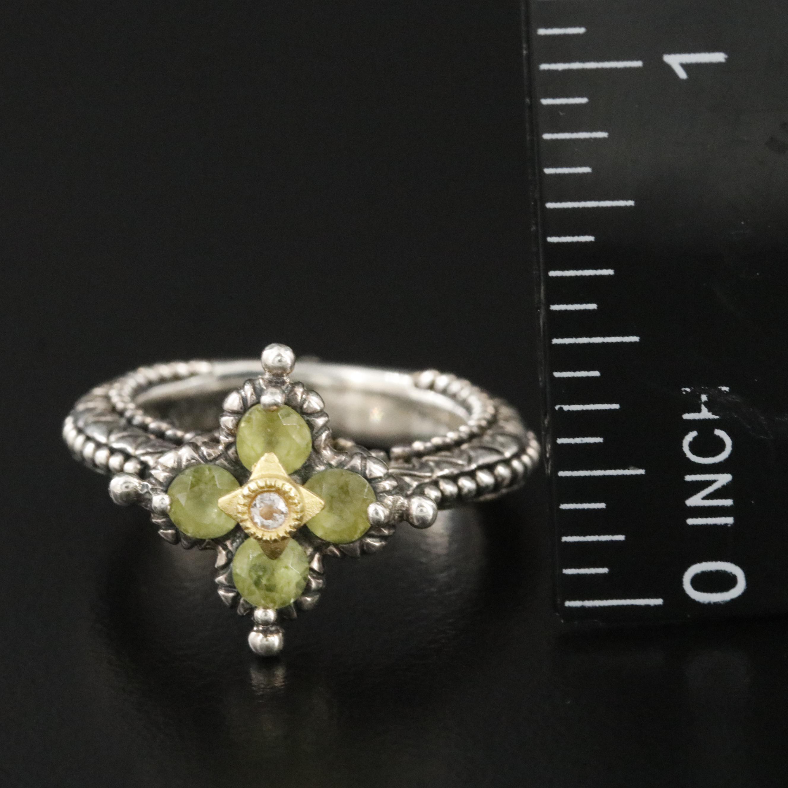 Barbara Bixby Sterling Peridot and White Topaz Flower Ring with 18K Accent