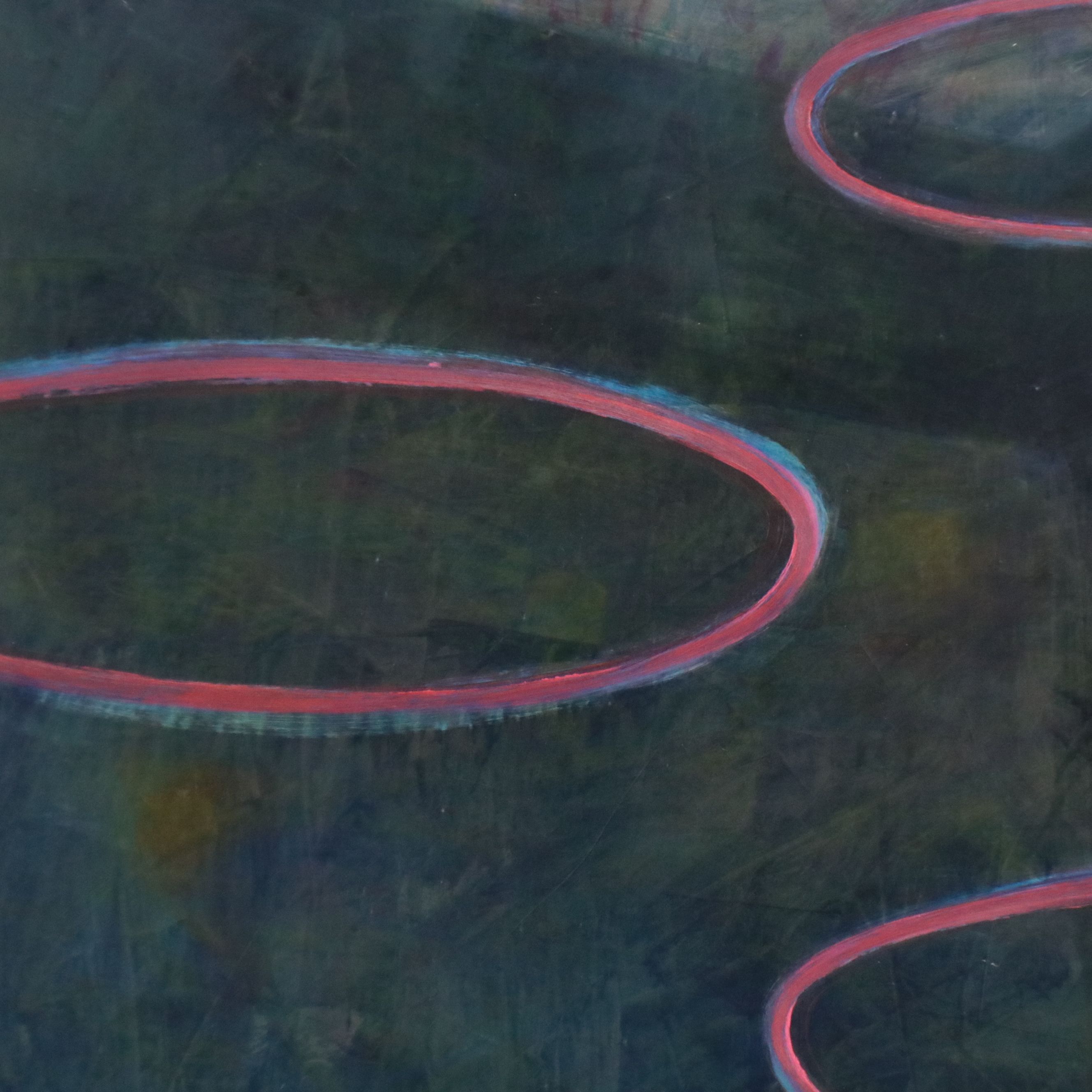 Kim Krause Monumental Oil Painting with Pink Ovals Over Interior Scene, 1997