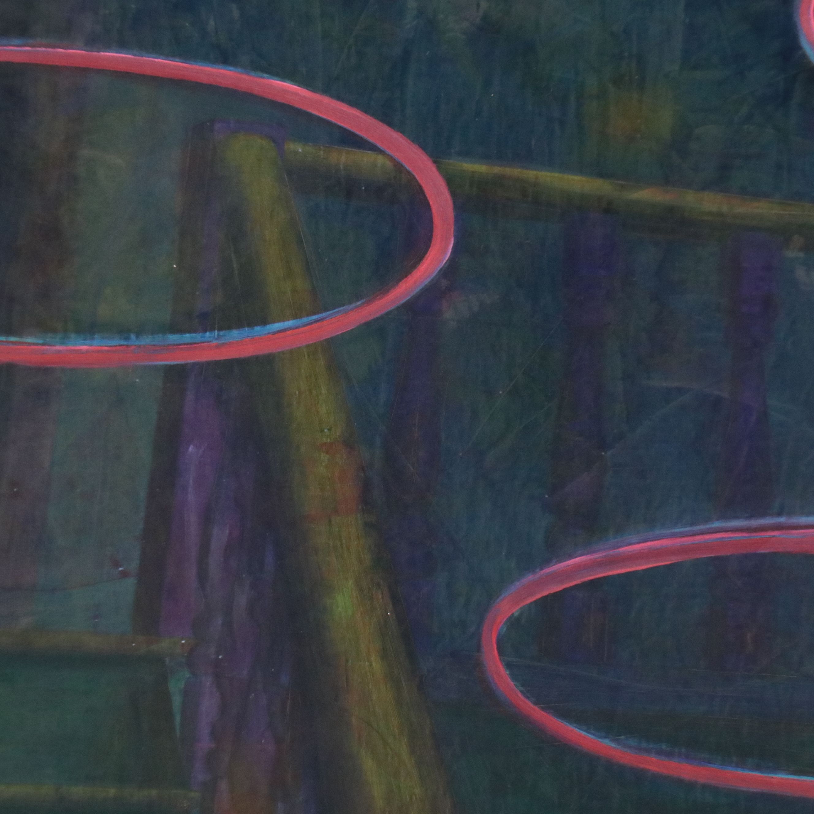 Kim Krause Monumental Oil Painting with Pink Ovals Over Interior Scene, 1997