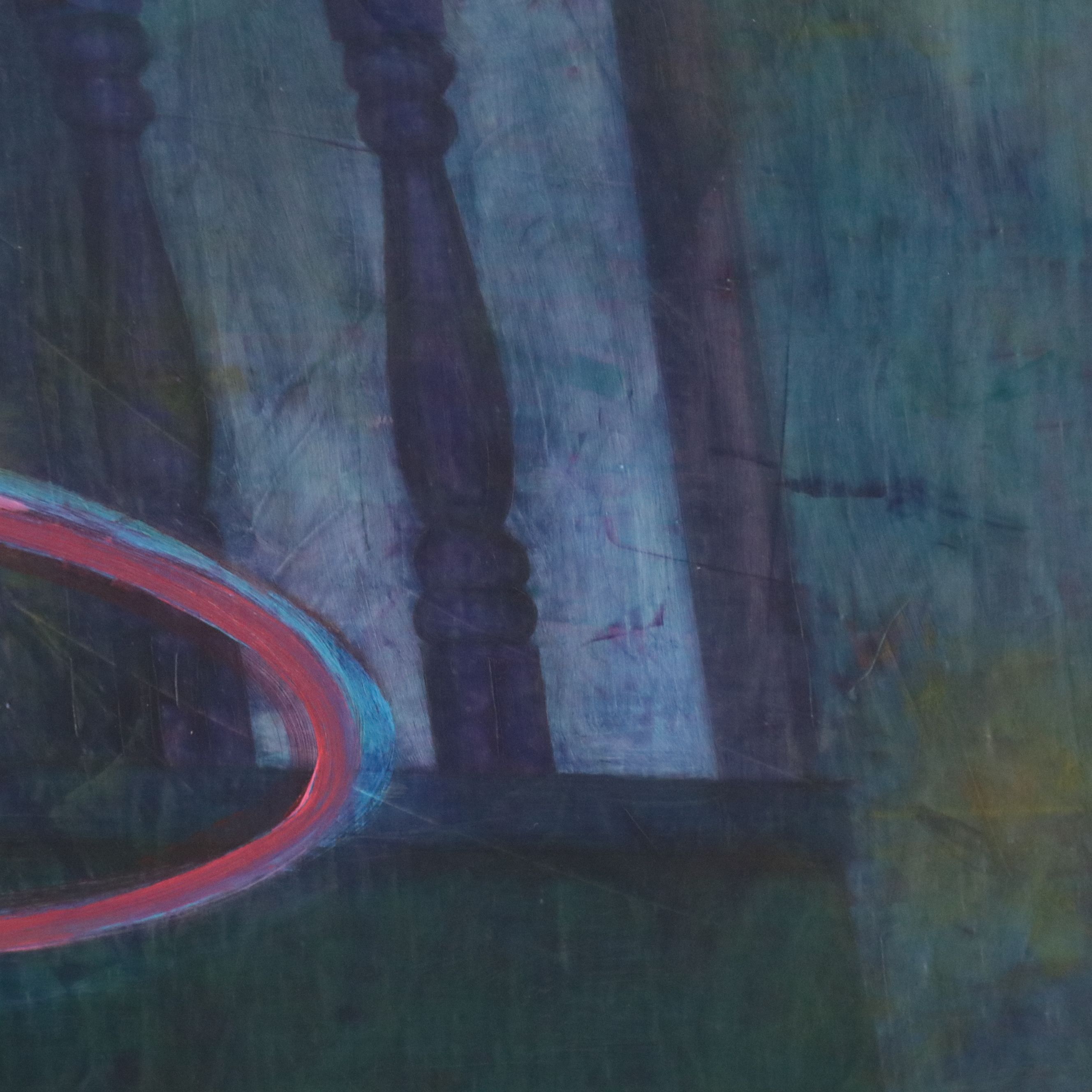 Kim Krause Monumental Oil Painting with Pink Ovals Over Interior Scene, 1997