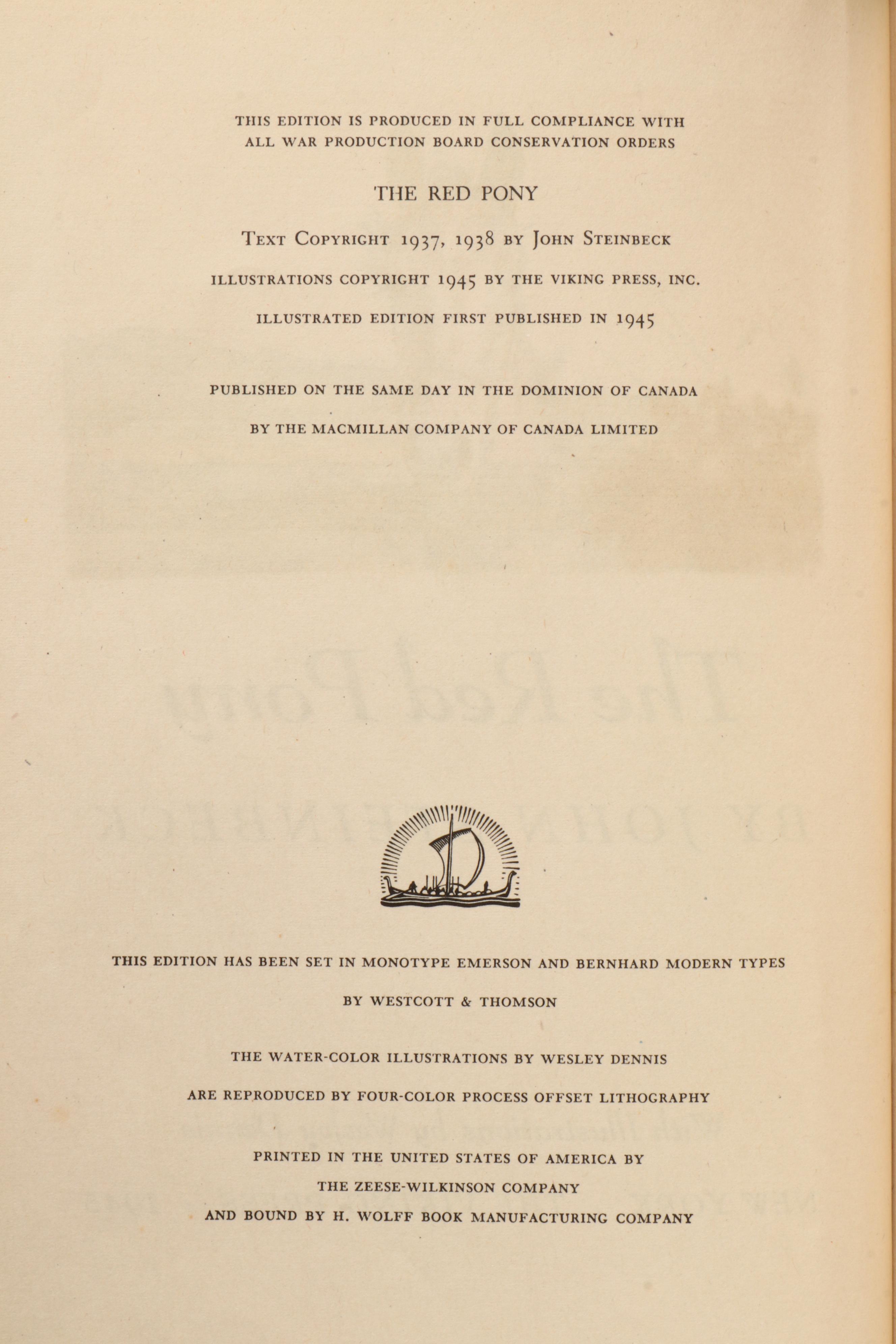 First Illustrated Edition "The Red Pony" by John Steinbeck, 1945