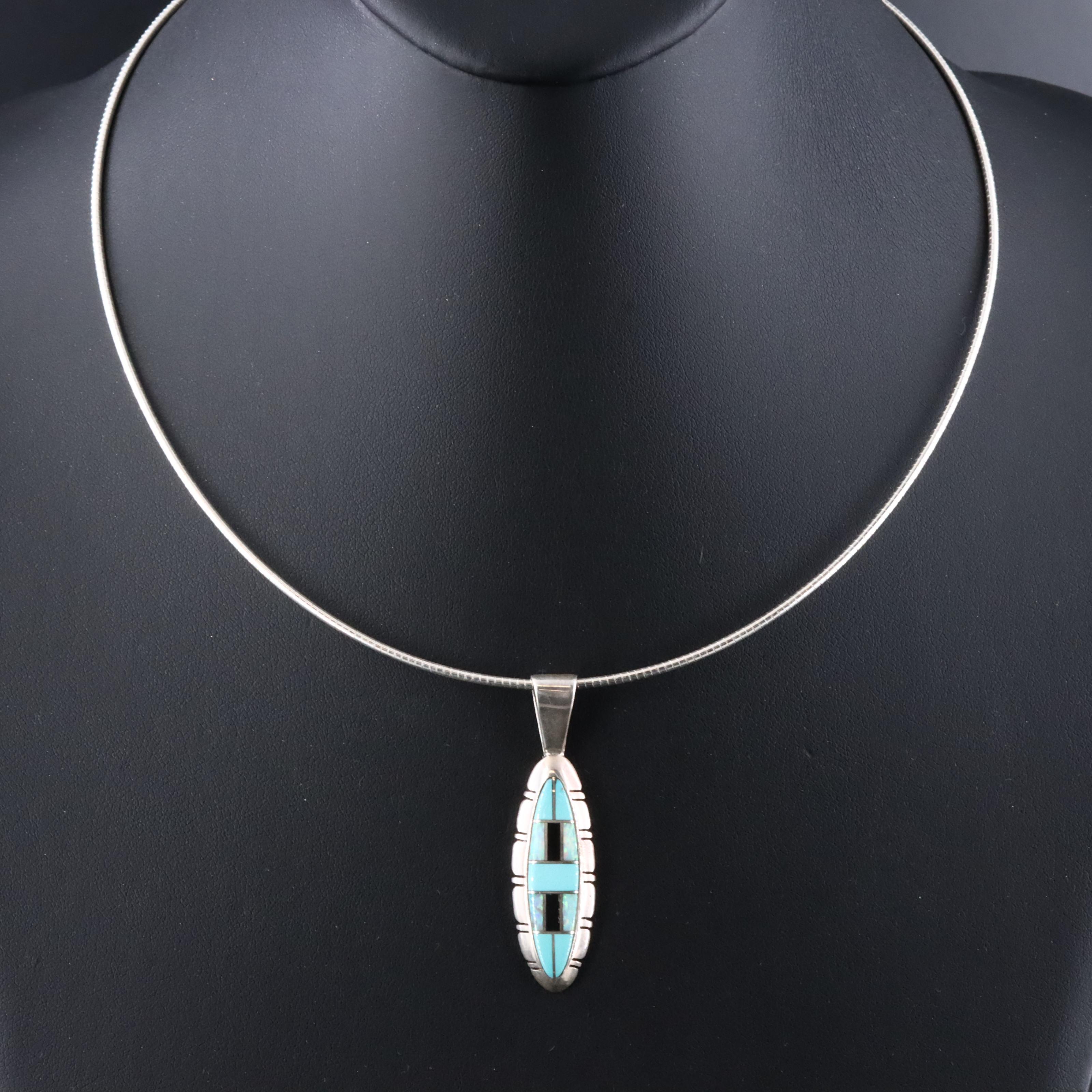 Southwestern Sterling Inlay Pendant Necklace with Opal, Turquoise and Black Onyx