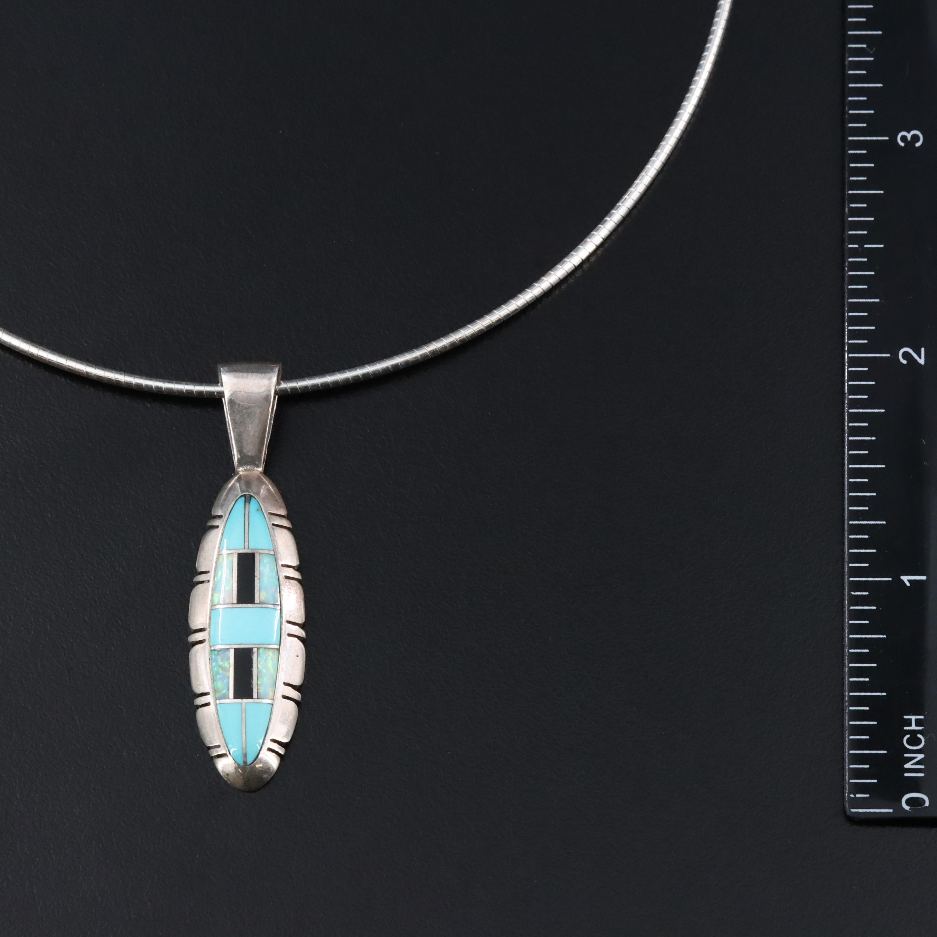 Southwestern Sterling Inlay Pendant Necklace with Opal, Turquoise and Black Onyx