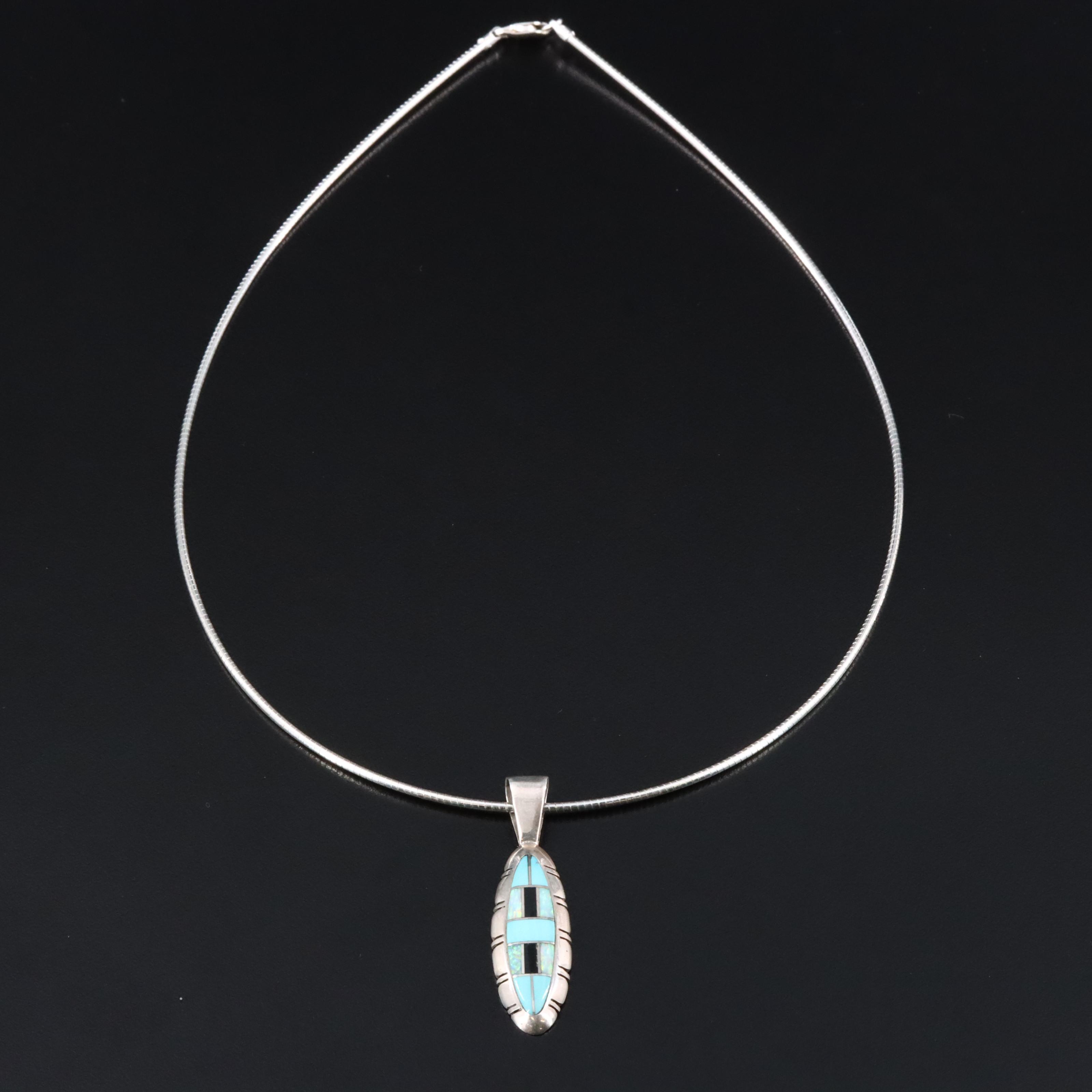 Southwestern Sterling Inlay Pendant Necklace with Opal, Turquoise and Black Onyx