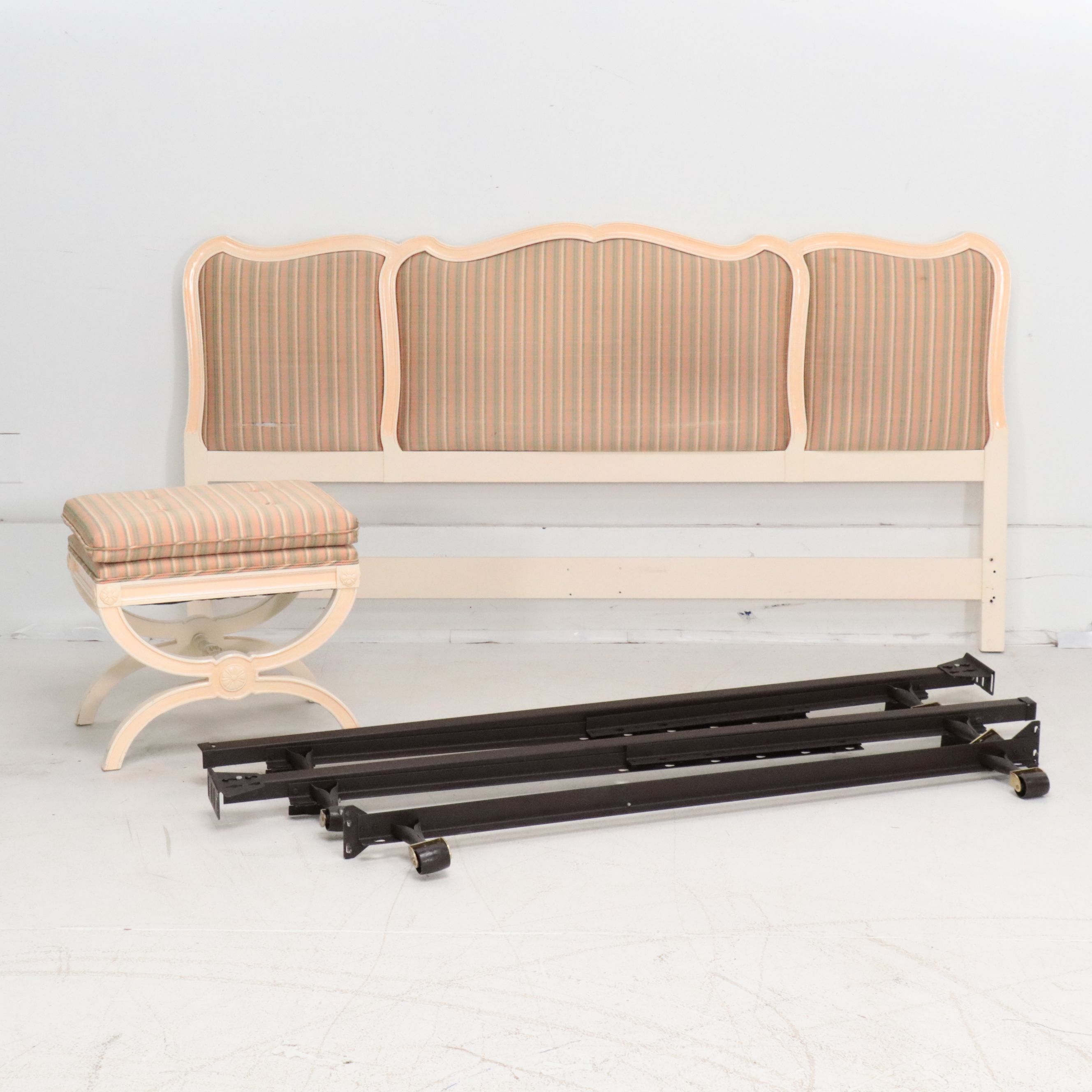 Davis Regency Style Cream Lacquered King Size Headboard with Curule Stool