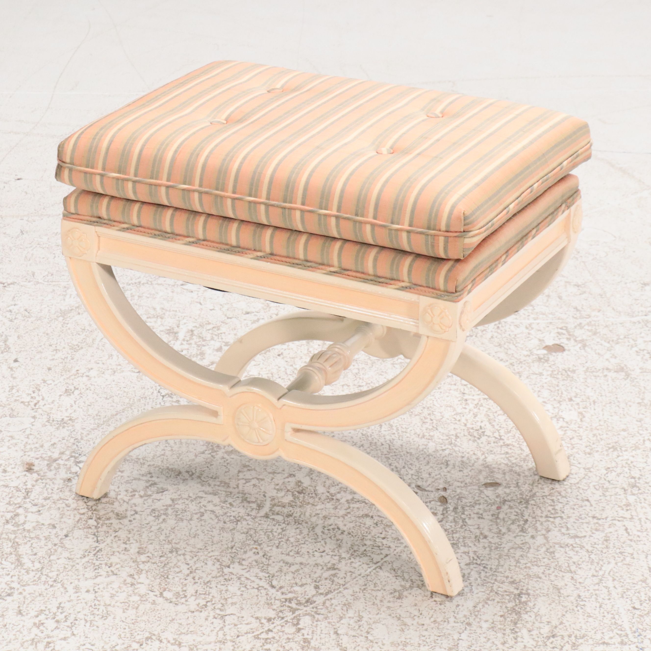 Davis Regency Style Cream Lacquered King Size Headboard with Curule Stool