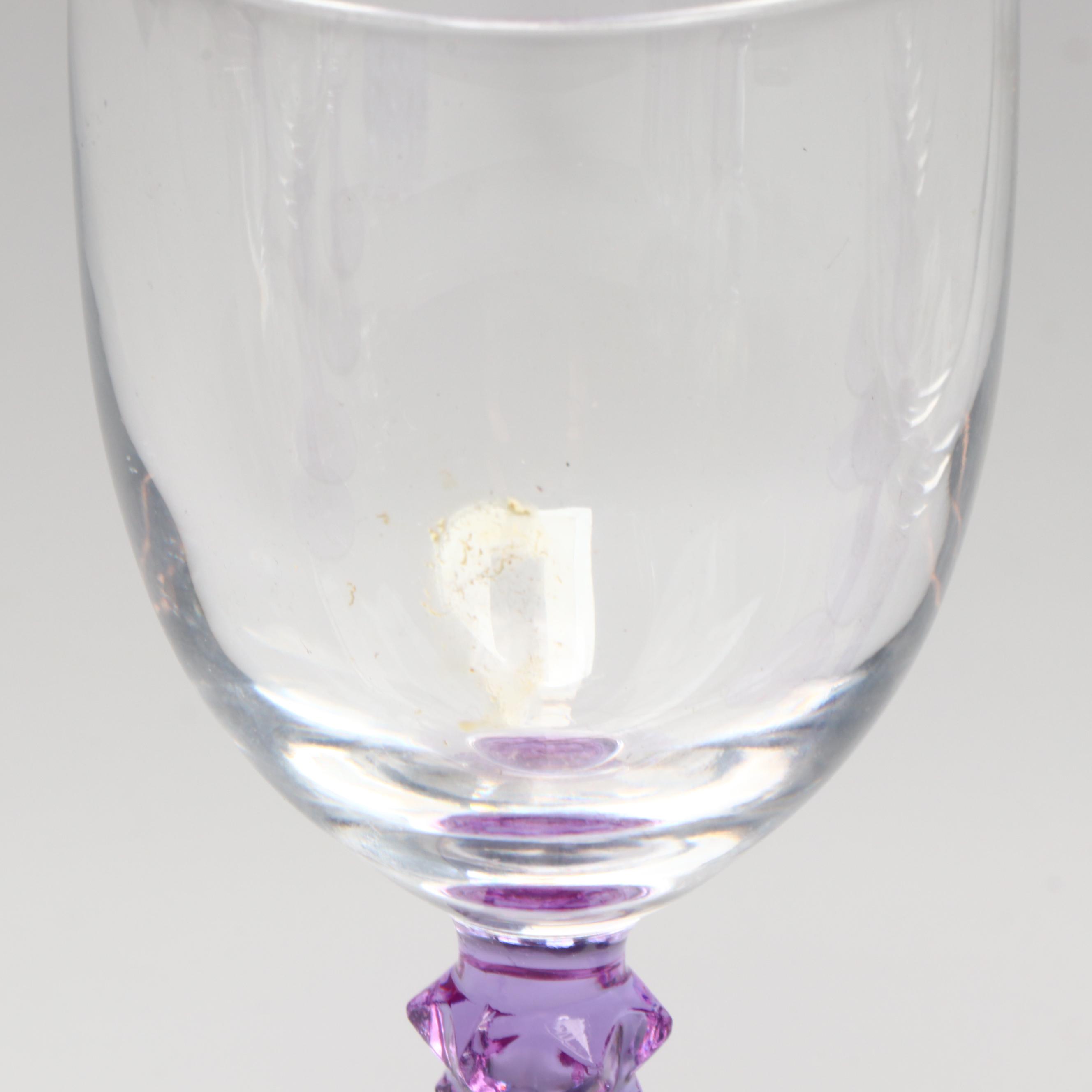 Crystal Decanter, Purple Glass Stemware, and Purple Crystal Rose Bowl