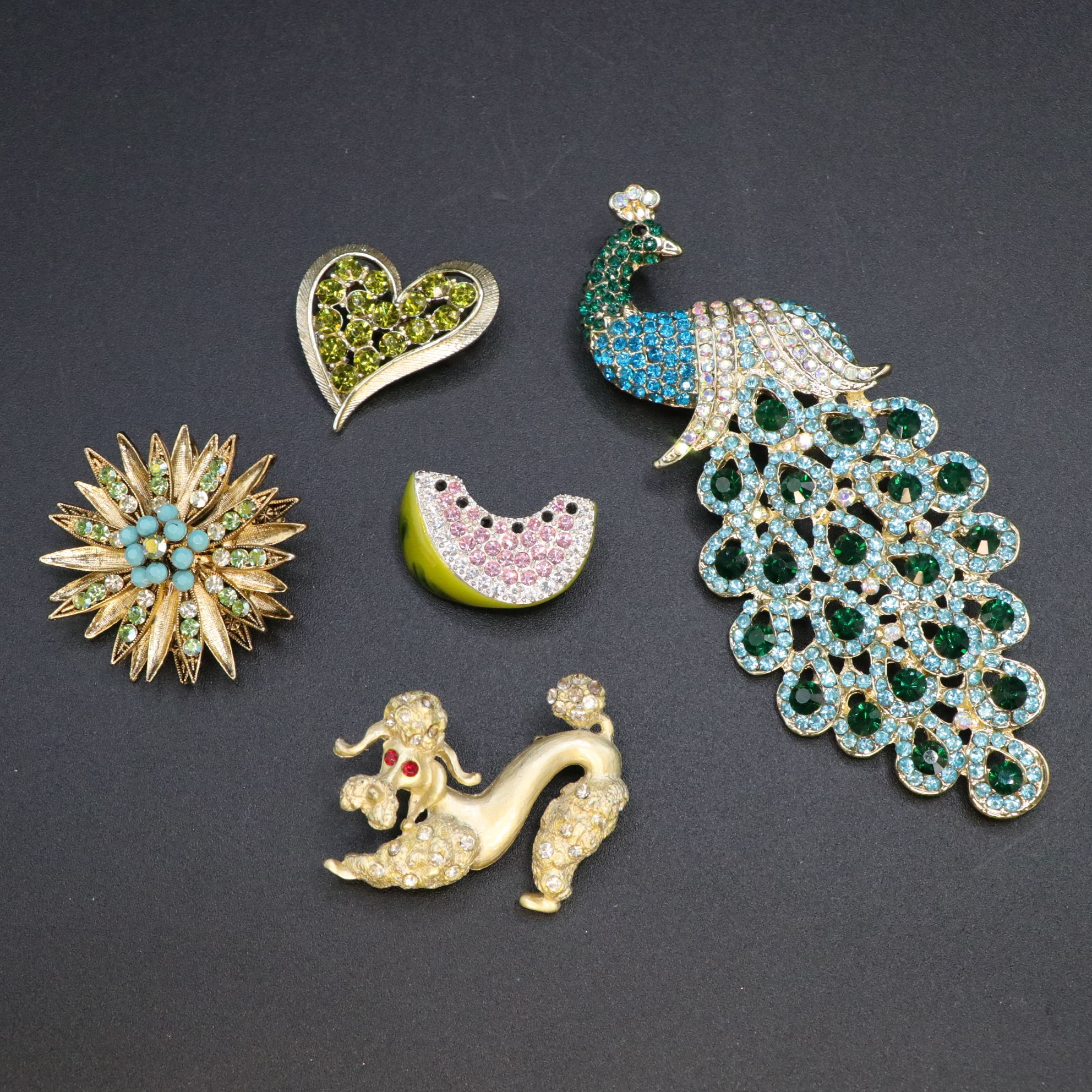 Monet Crystal Rhinestone Poodle with Enamel Watermelon, Peacock & More Brooches