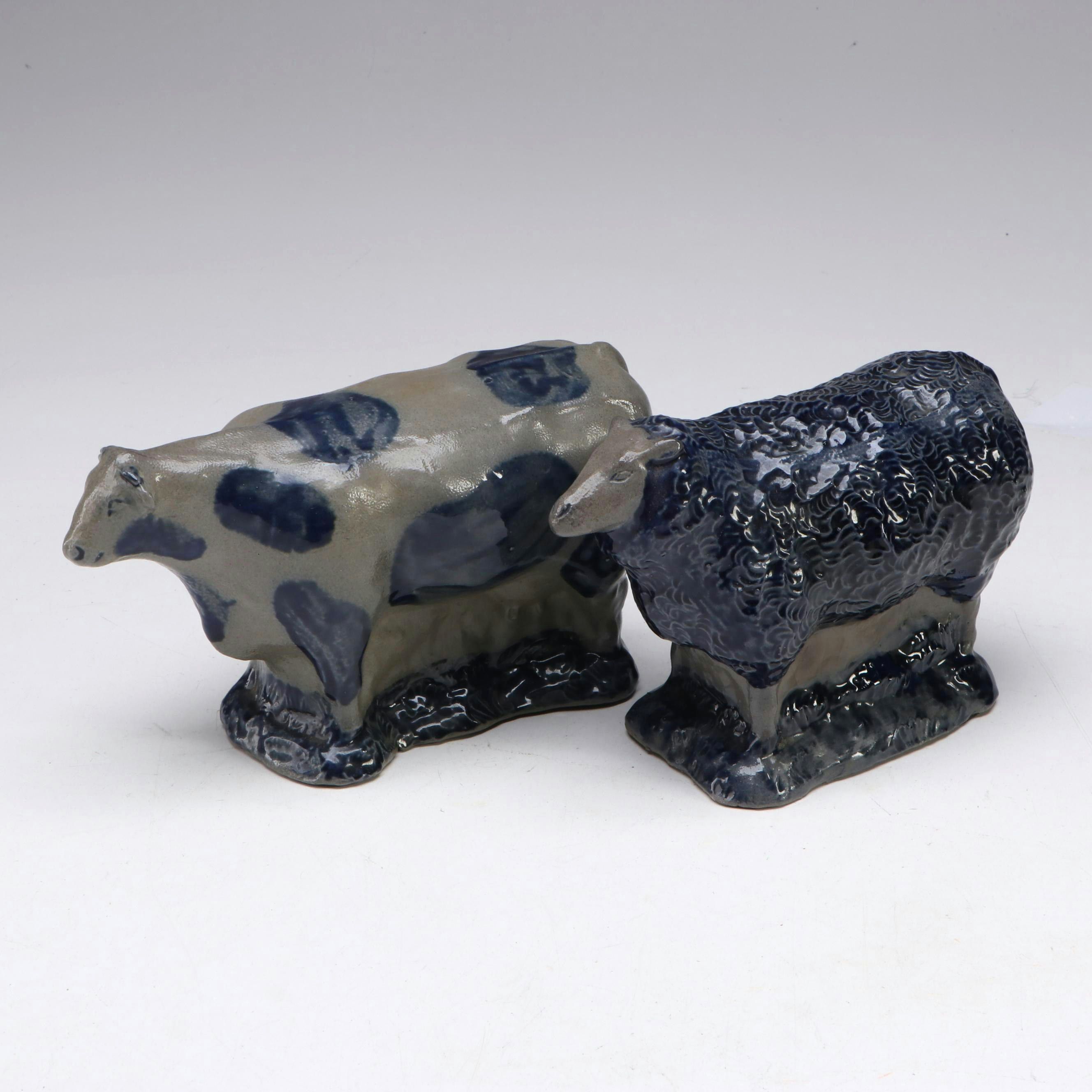 Rowe Pottery Works Salt Glazed Stoneware Cow and Sheep Figurines