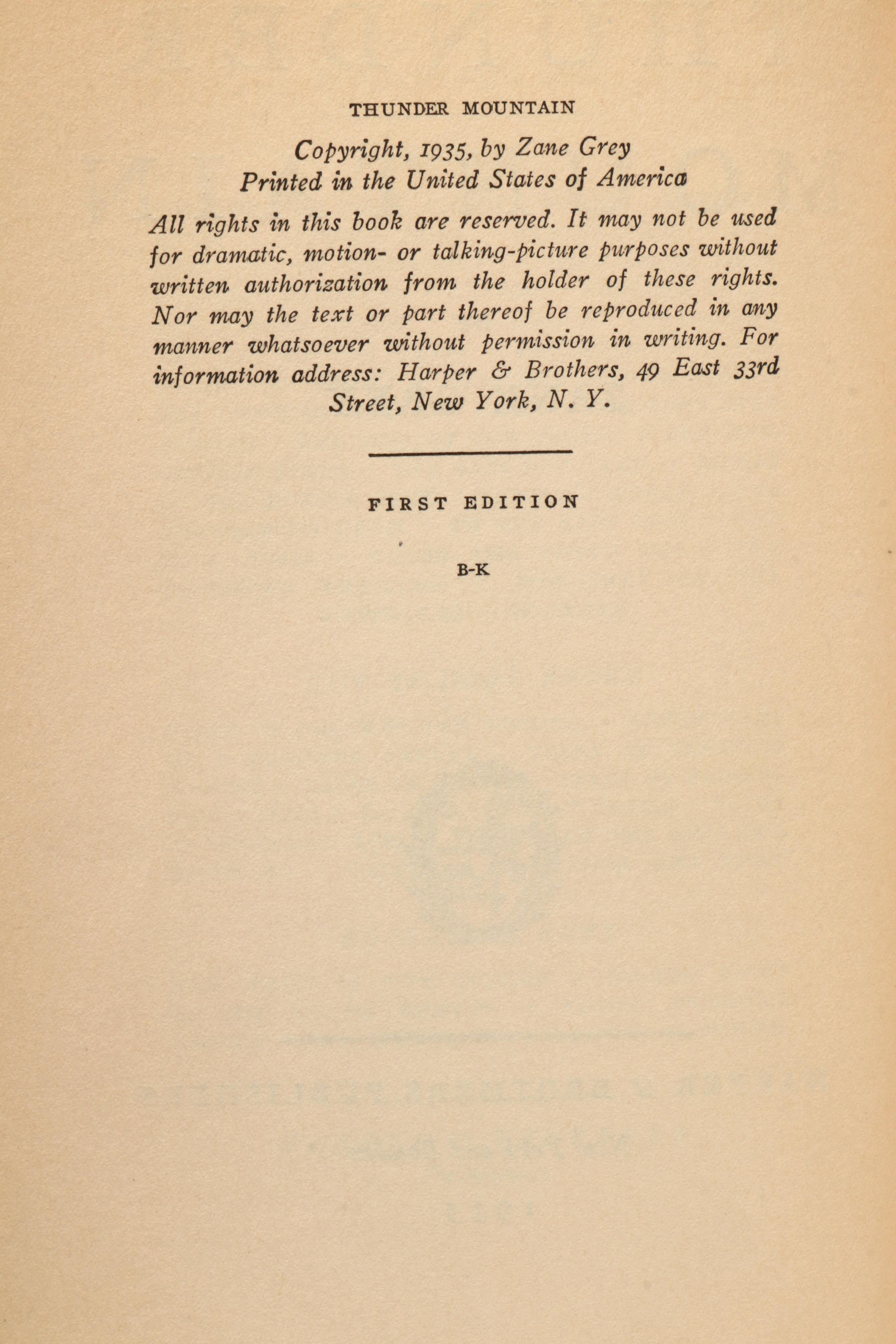 Signed First Edition "Thunder Mountain" by Zane Grey, 1935
