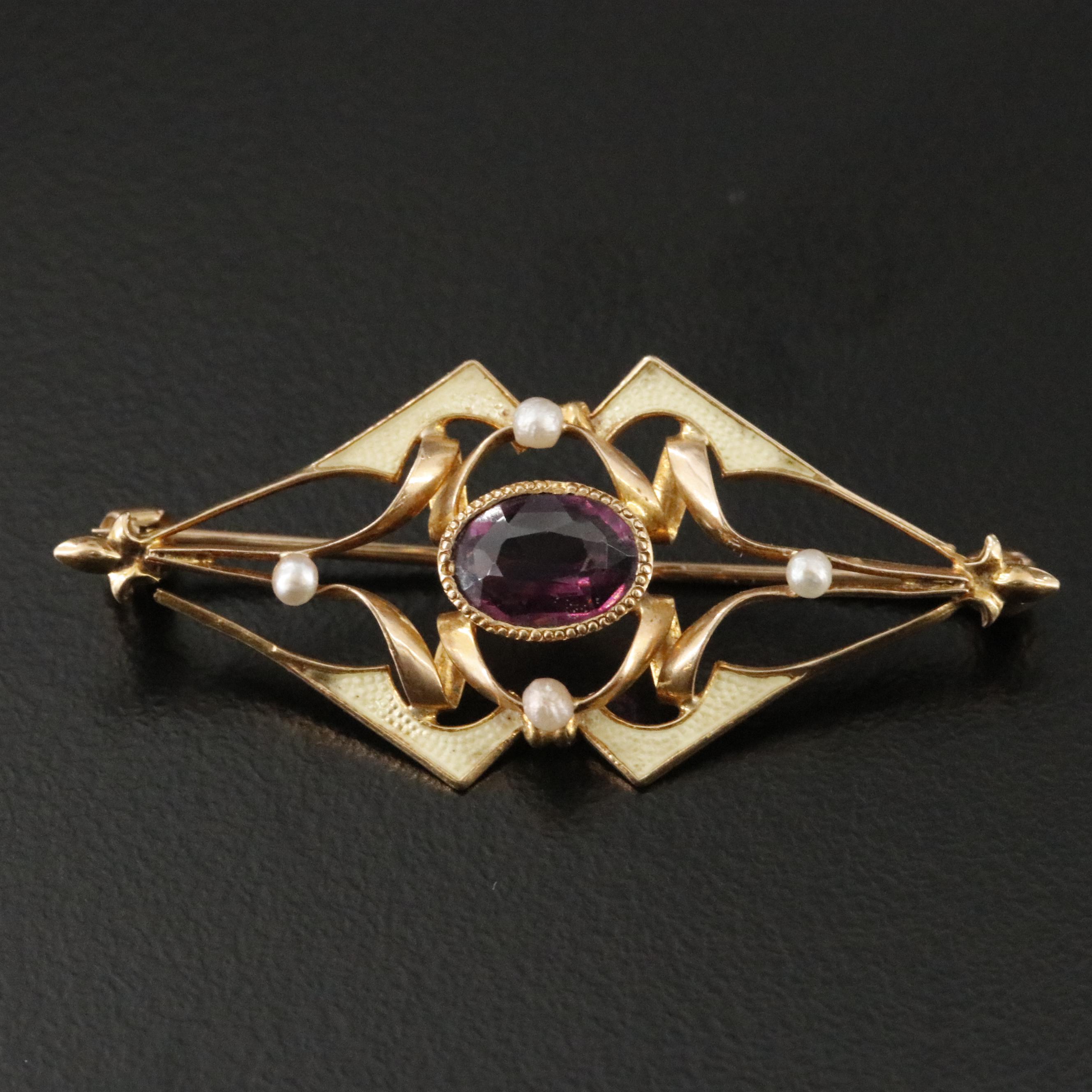 Art Nouveau 10K Garnet Glass Doublet and Seed Pearl Pin