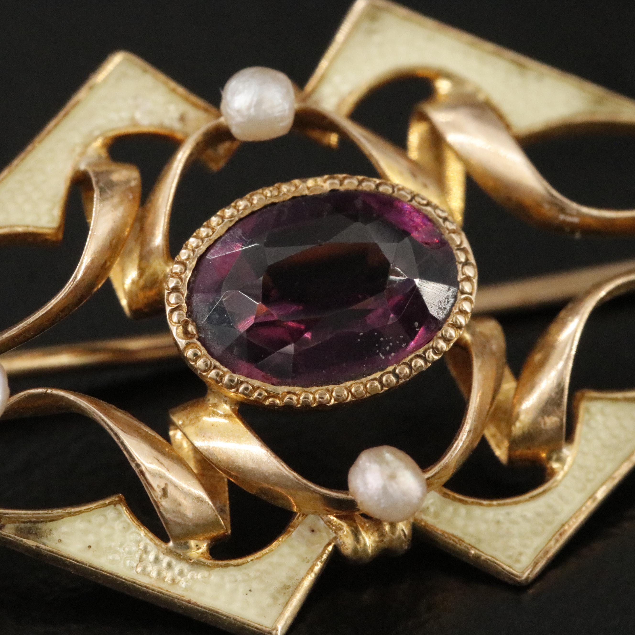 Art Nouveau 10K Garnet Glass Doublet and Seed Pearl Pin