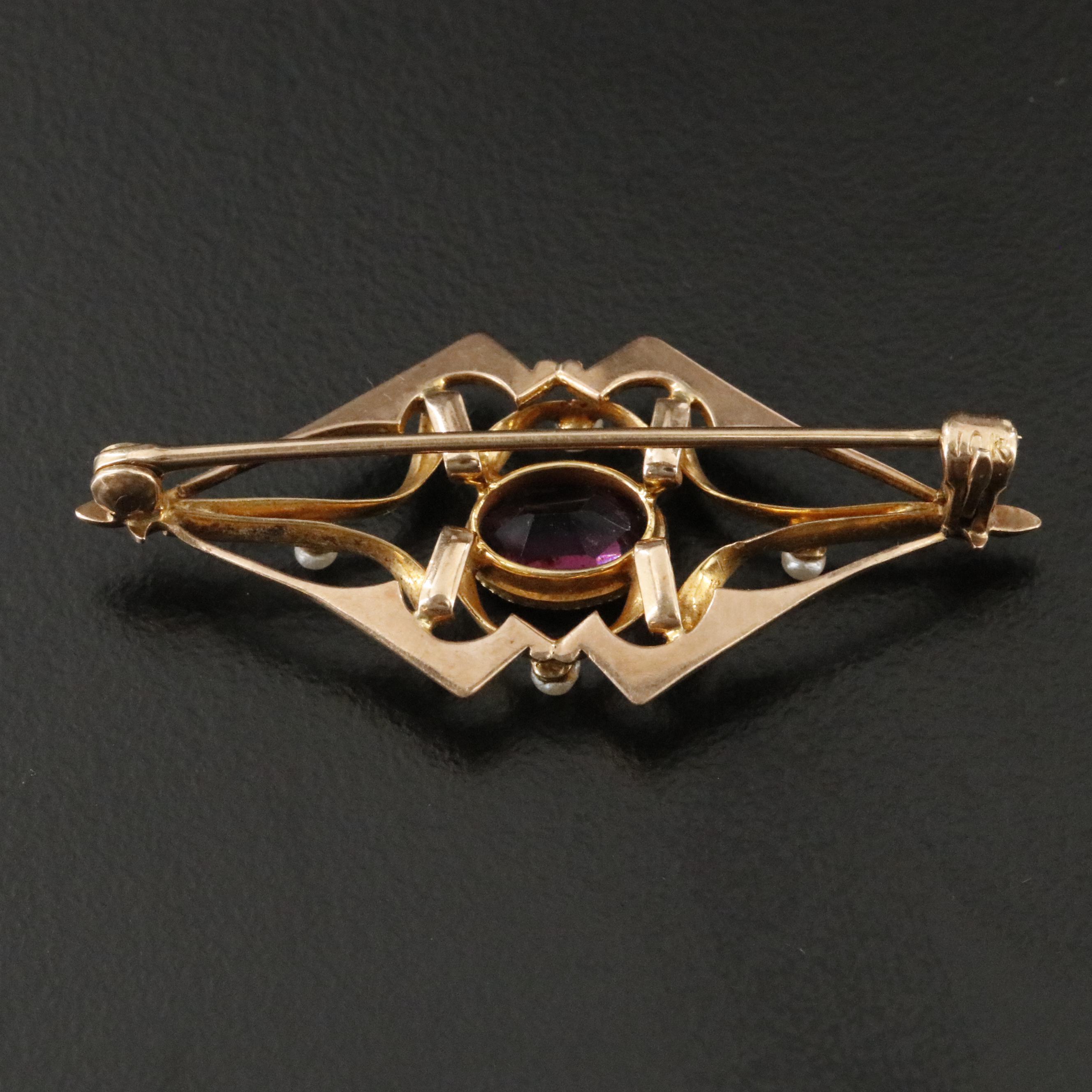 Art Nouveau 10K Garnet Glass Doublet and Seed Pearl Pin