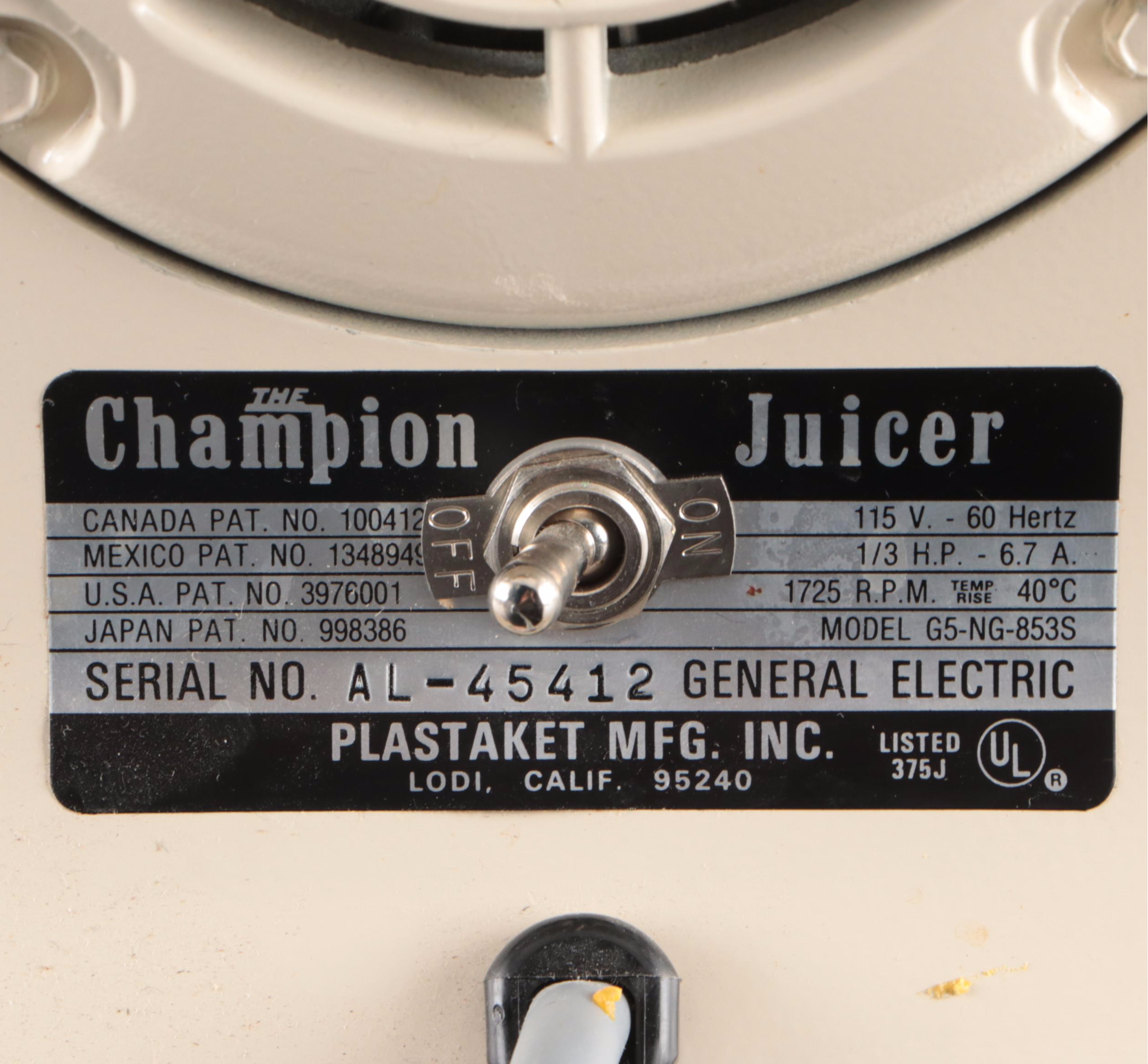 Plastaket Co. Champion Metal Juicer with Attachments and Booklet