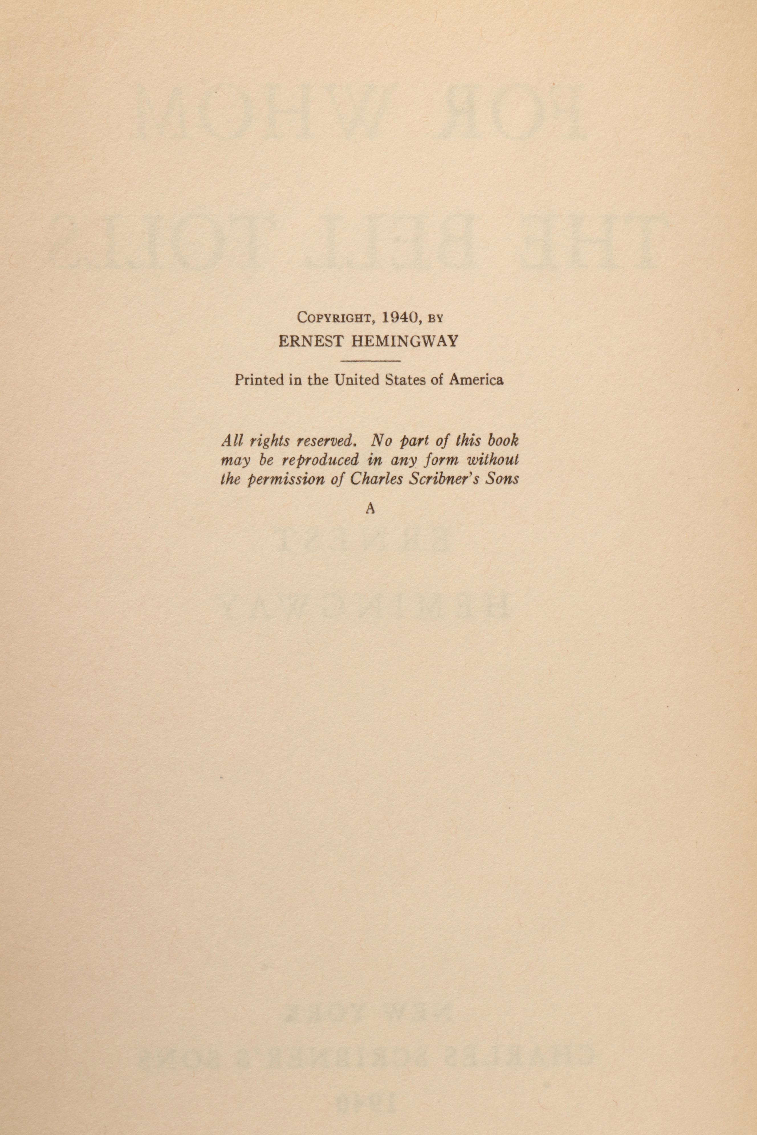 First Edition "For Whom the Bell Tolls" by Ernest Hemingway with Jacket, 1940