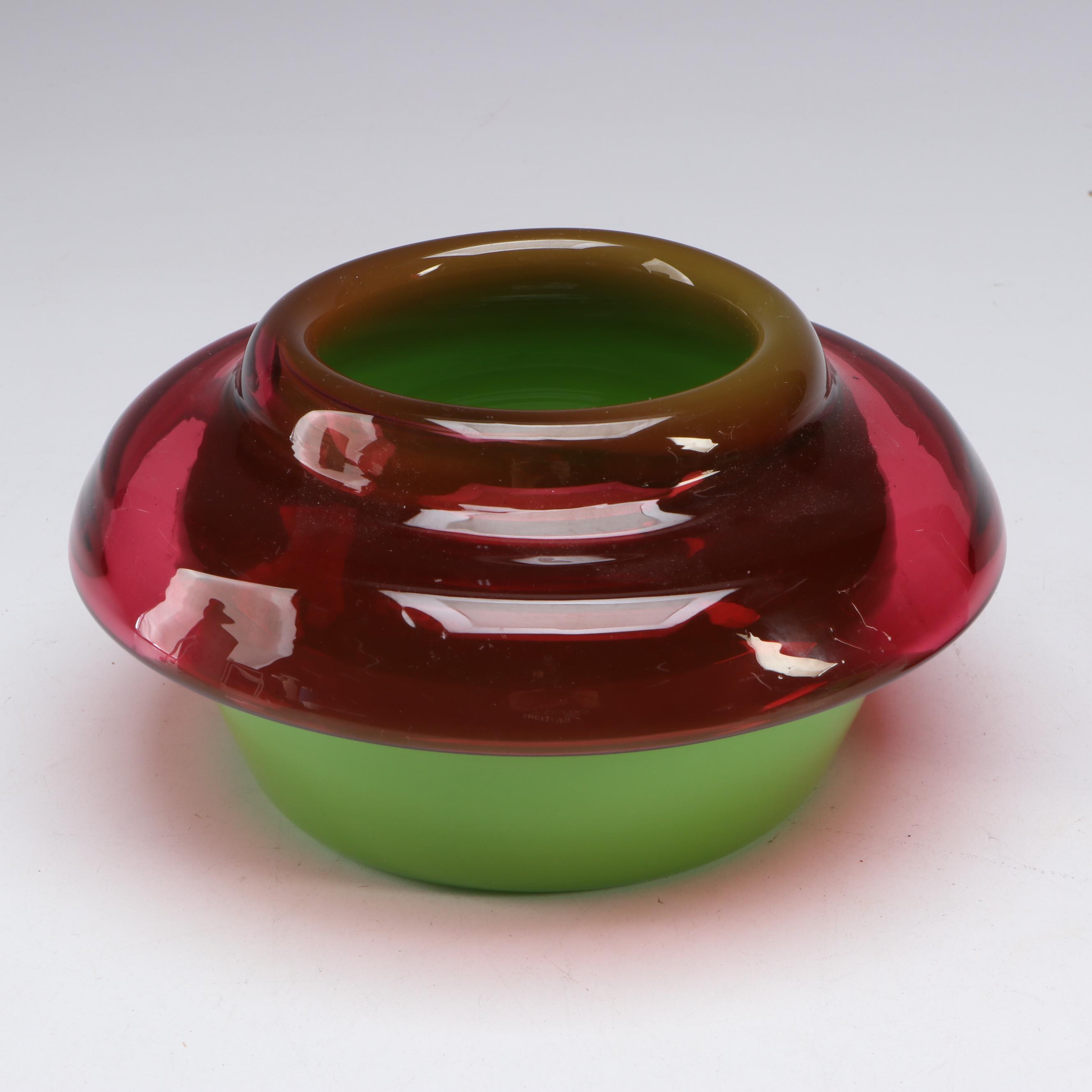 Signed Studio Glass Incalmo Bowl, Gold Reduction on Cranberry Glass Vase, More