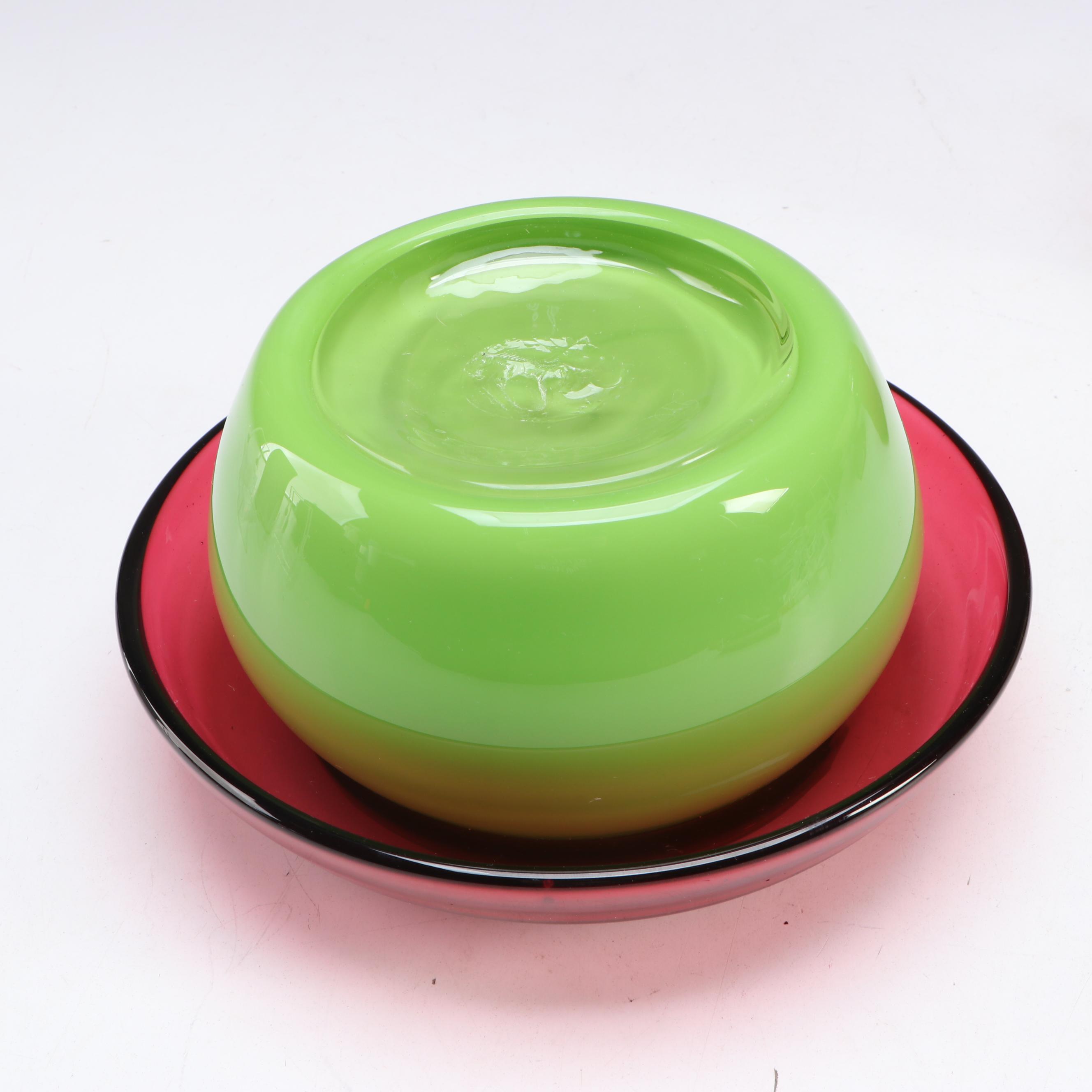 Signed Studio Glass Incalmo Bowl, Gold Reduction on Cranberry Glass Vase, More