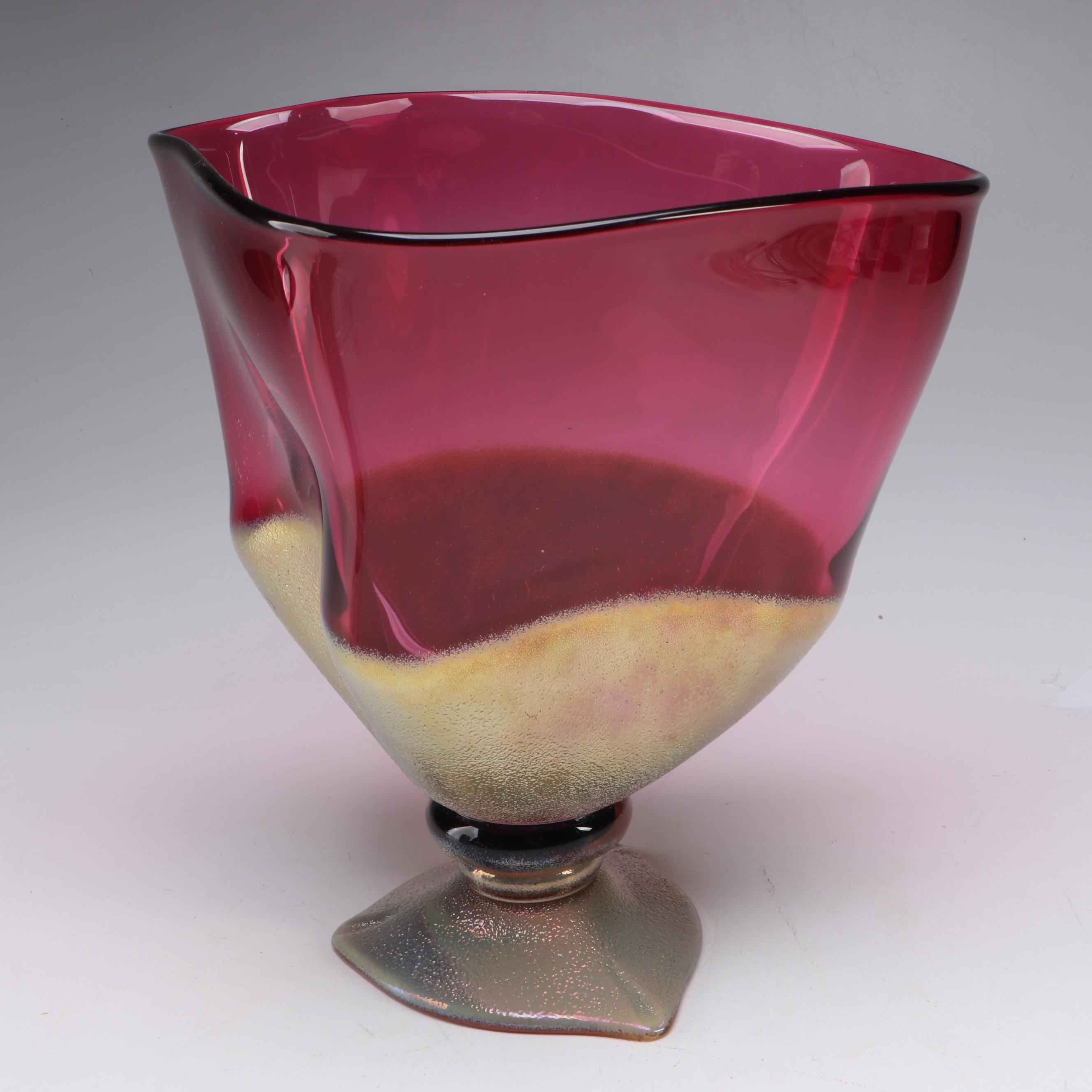 Signed Studio Glass Incalmo Bowl, Gold Reduction on Cranberry Glass Vase, More