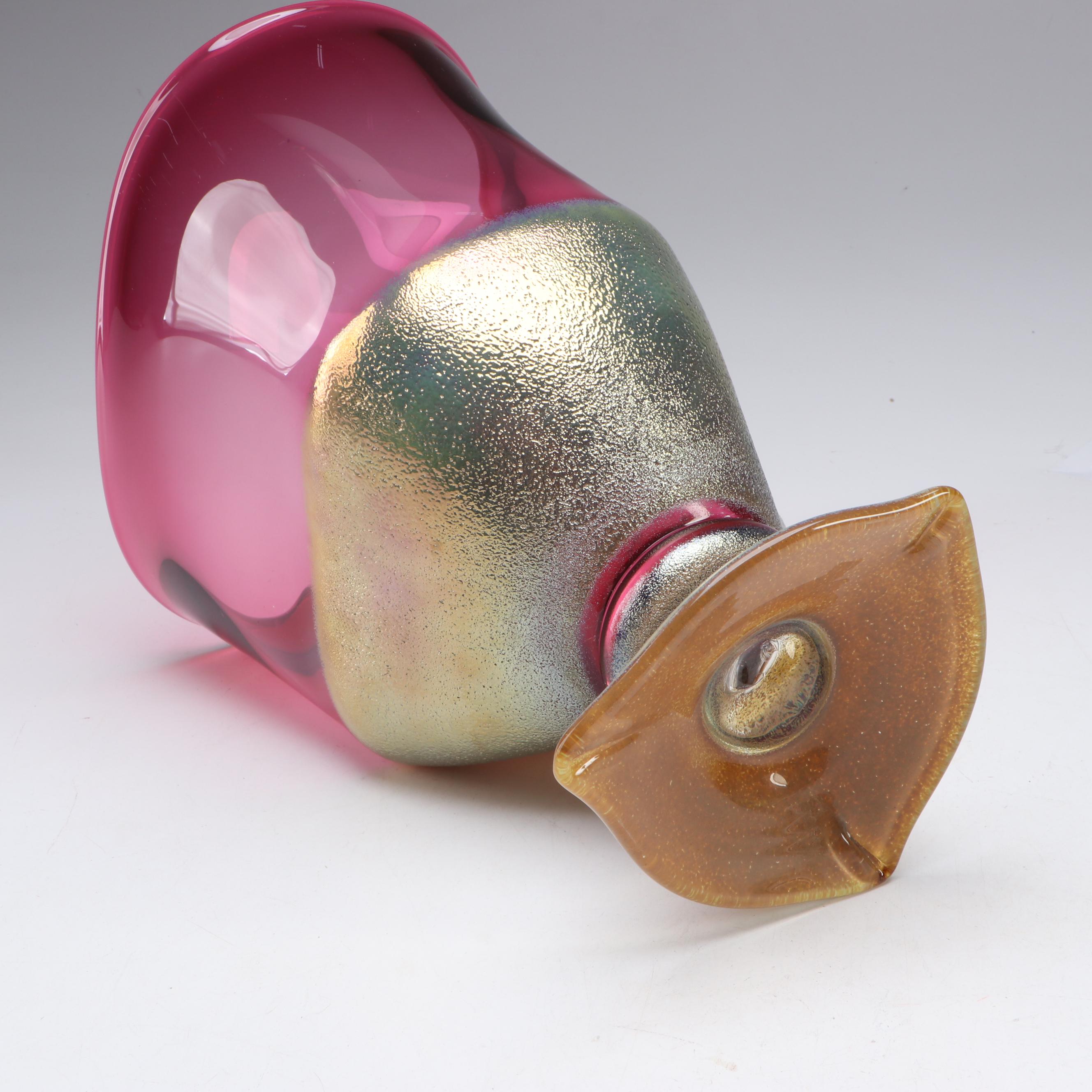 Signed Studio Glass Incalmo Bowl, Gold Reduction on Cranberry Glass Vase, More