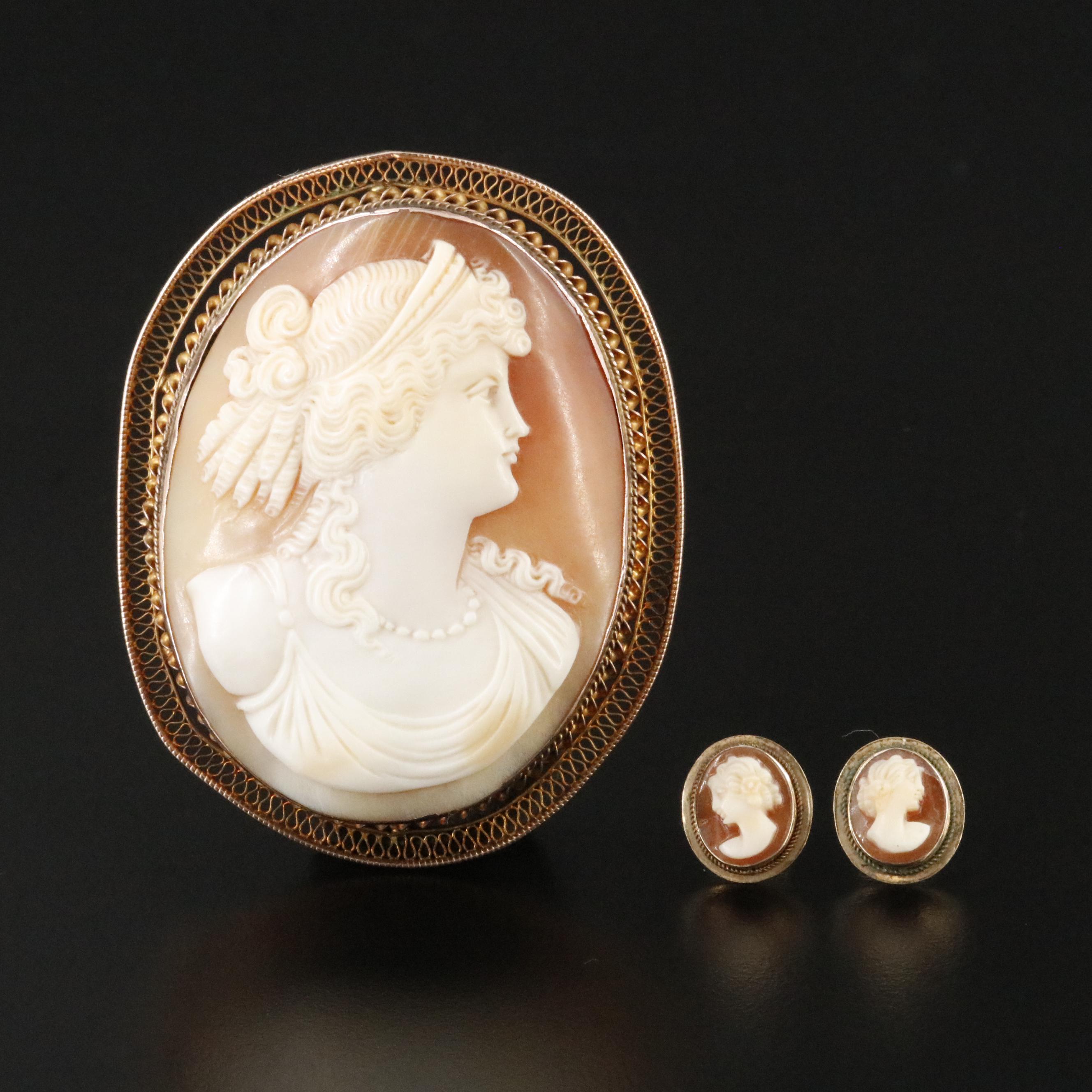 Vintage Greco-Roman Revival 10K Shell Cameo Converter Brooch and Earrings