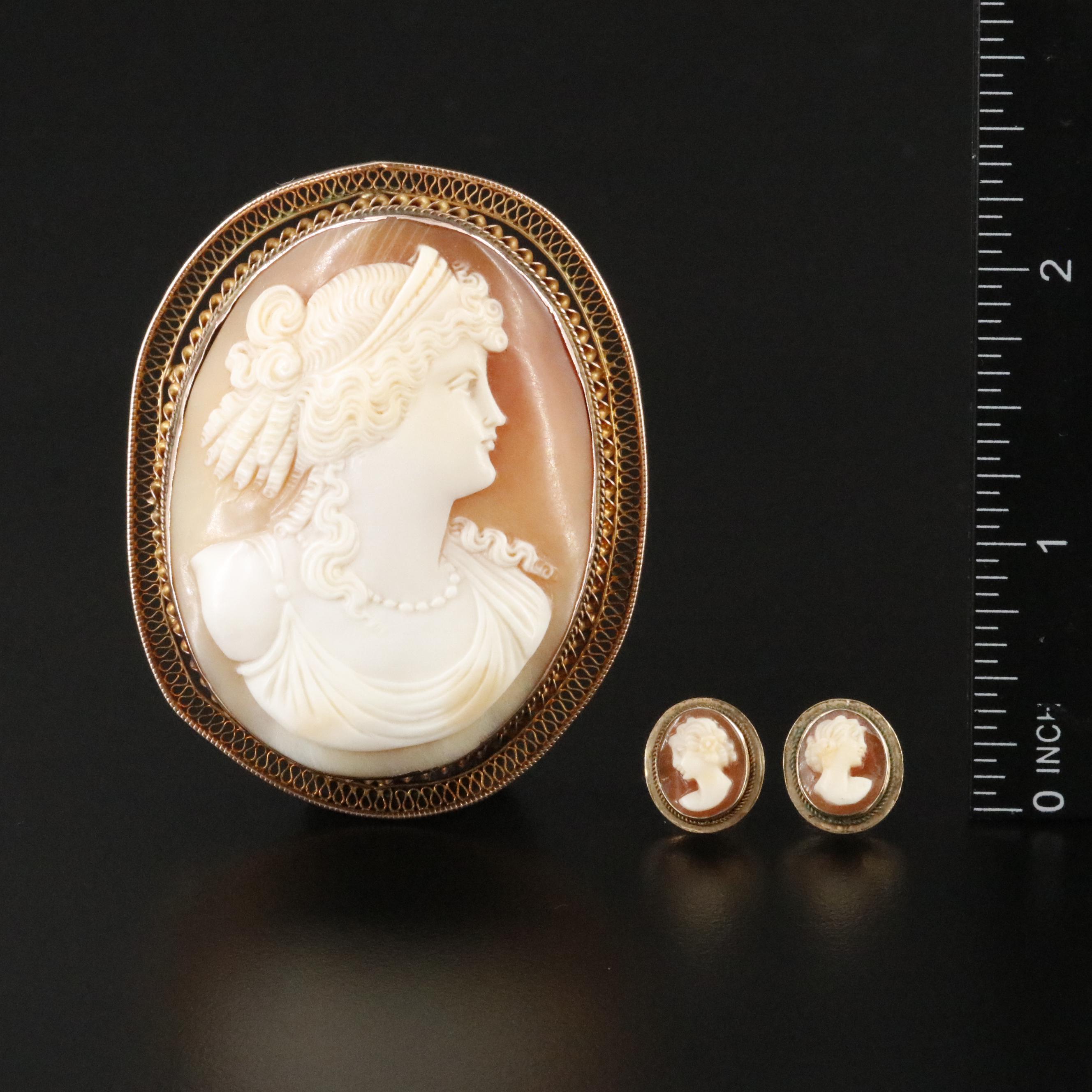 Vintage Greco-Roman Revival 10K Shell Cameo Converter Brooch and Earrings