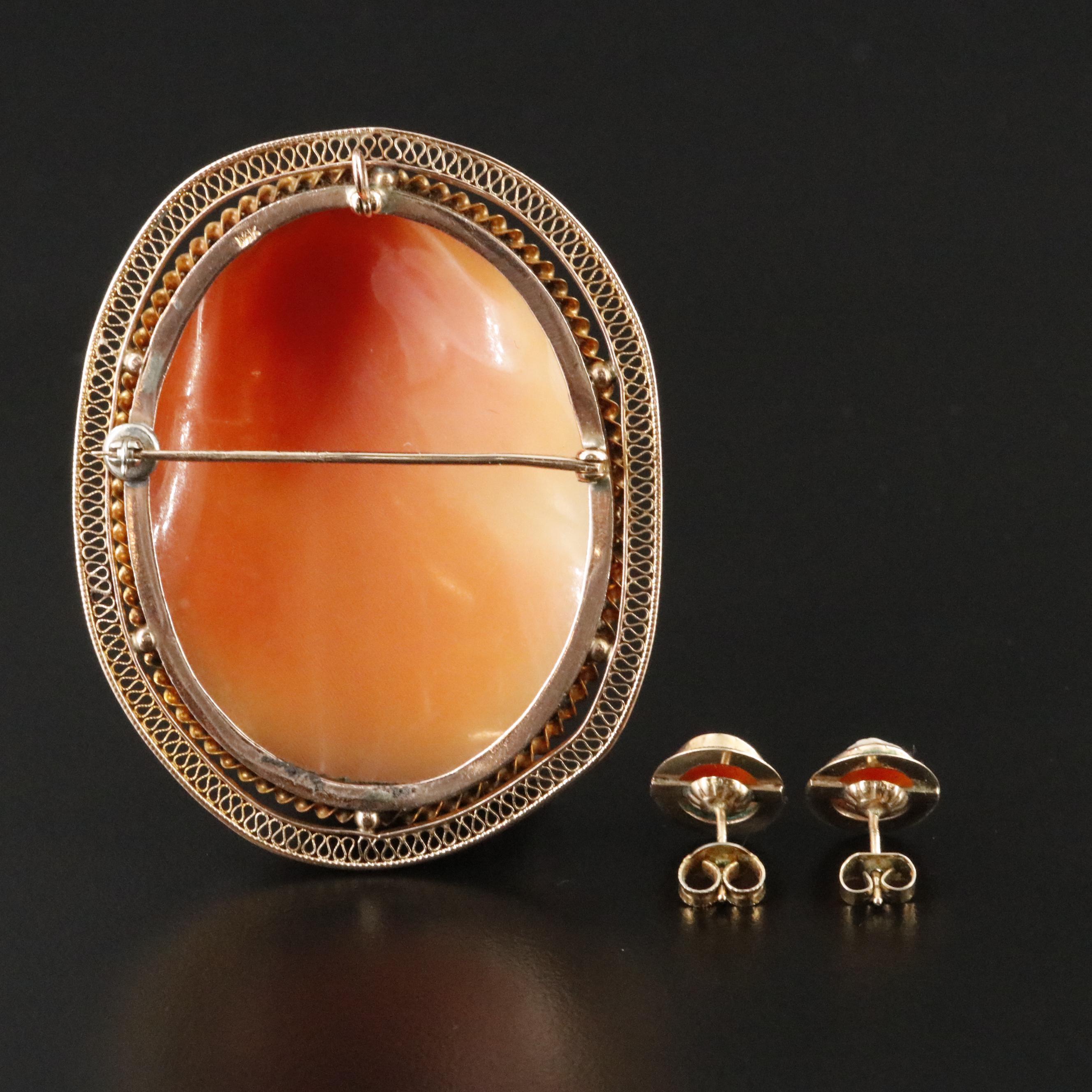 Vintage Greco-Roman Revival 10K Shell Cameo Converter Brooch and Earrings