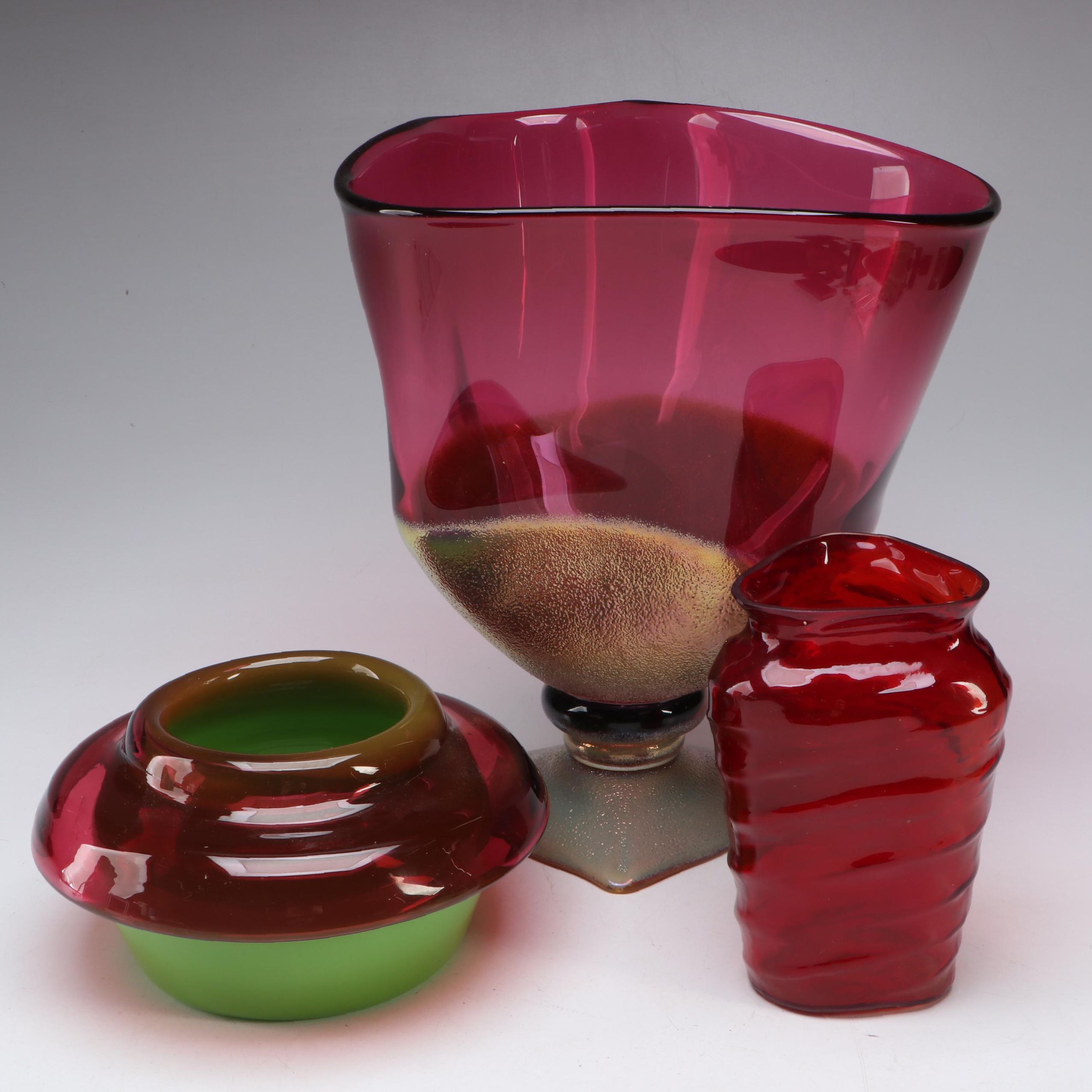Signed Studio Glass Incalmo Bowl, Gold Reduction on Cranberry Glass Vase, More
