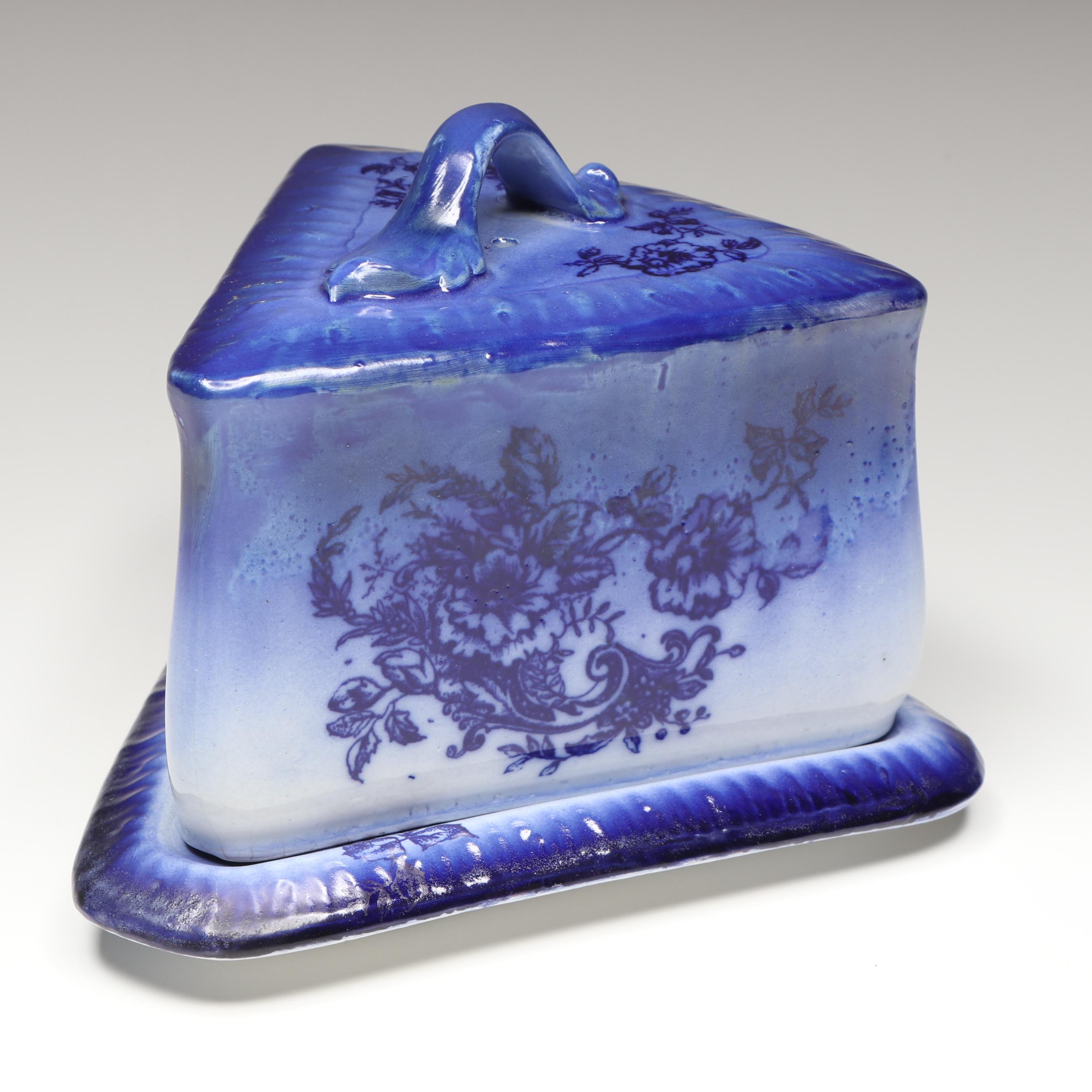 English Antique Flow Blue Floral Stoneware Cheese Keeper