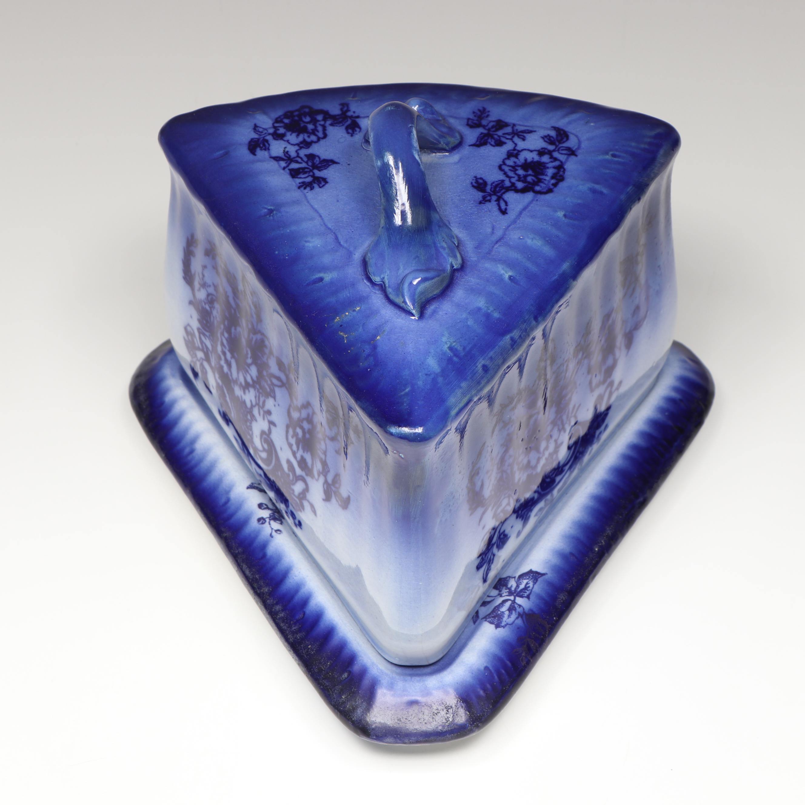 English Antique Flow Blue Floral Stoneware Cheese Keeper