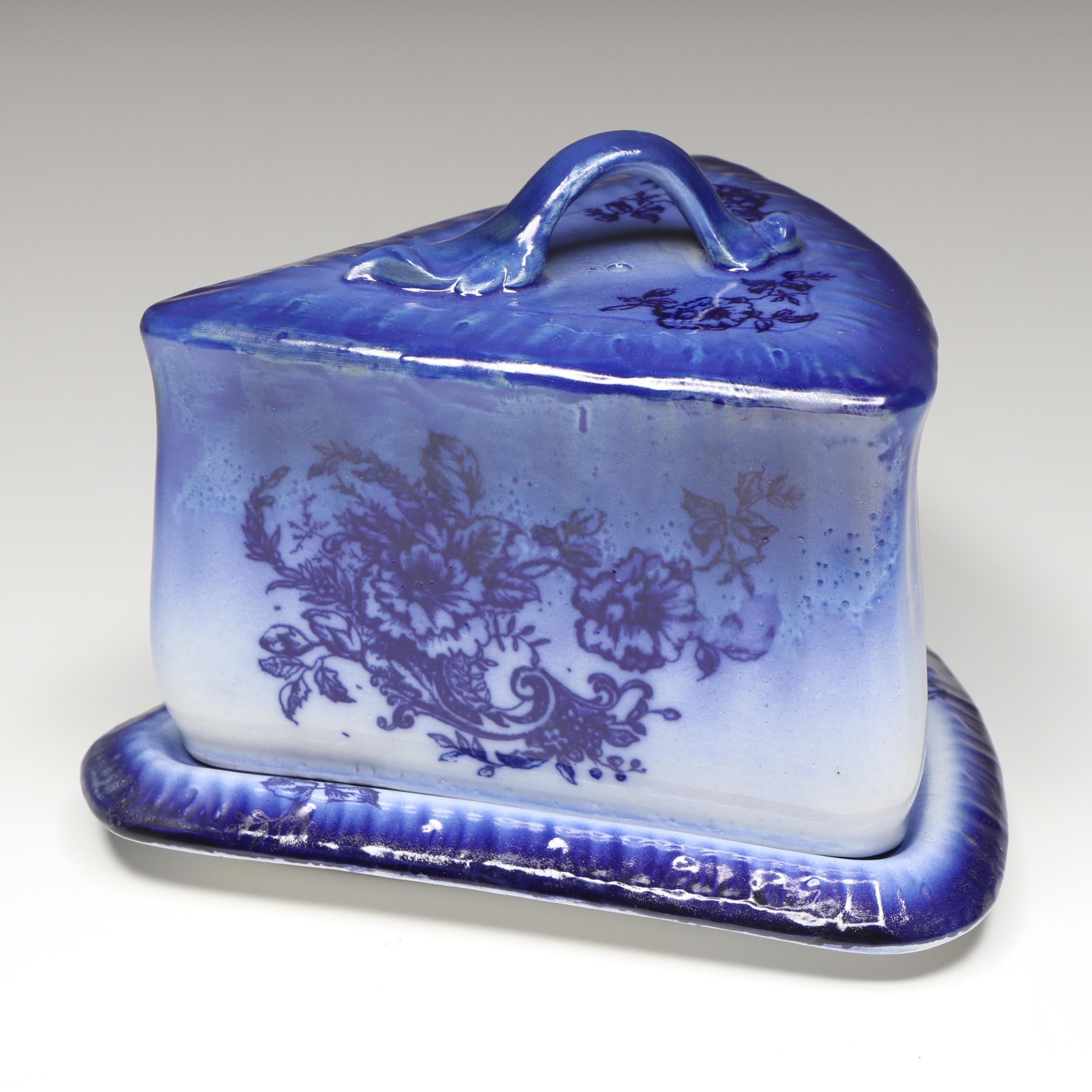 English Antique Flow Blue Floral Stoneware Cheese Keeper