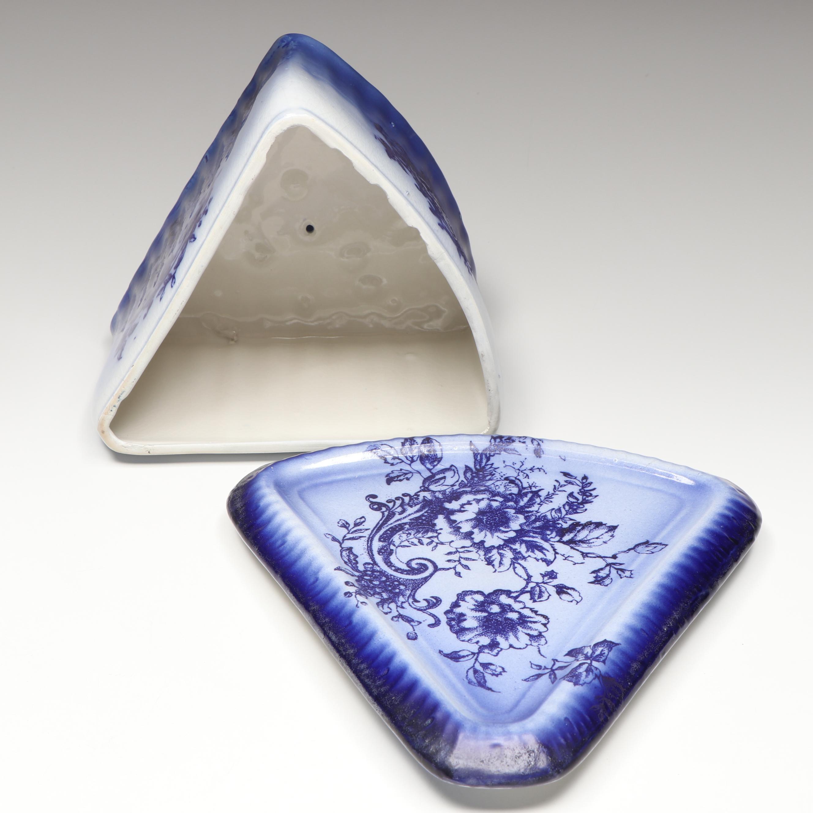 English Antique Flow Blue Floral Stoneware Cheese Keeper
