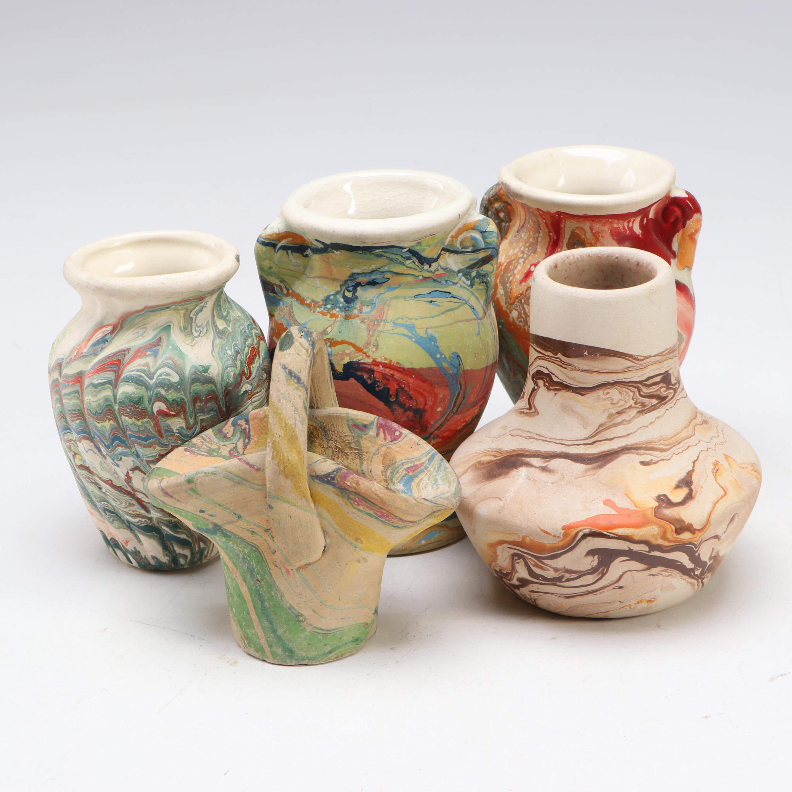 Montana and Other Marbled Ceramic Planters, Vases, and Flower Frog