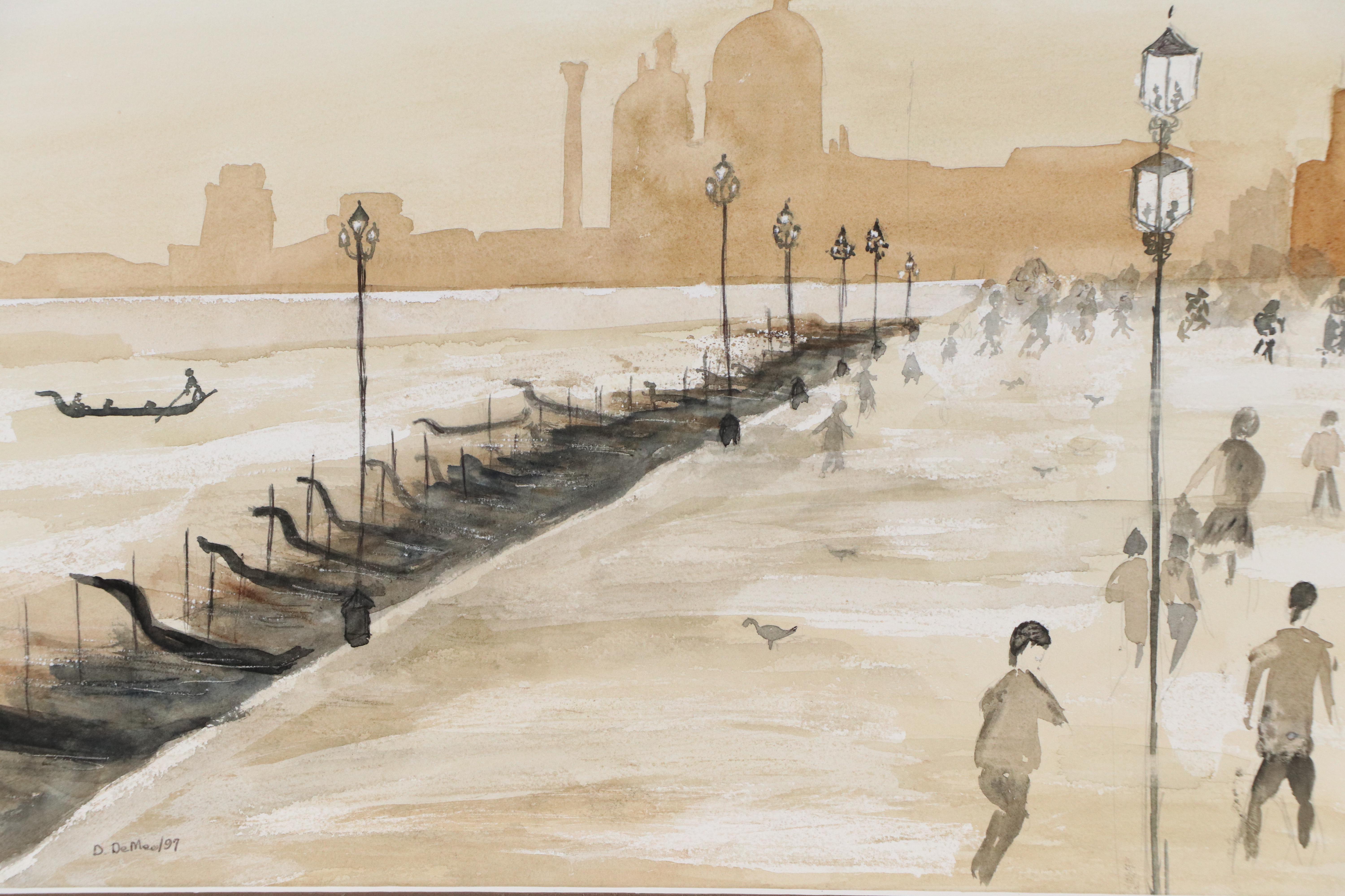 D. DeMeo Watercolor Painting of Venetian Lagoon and Gondolas, 1997