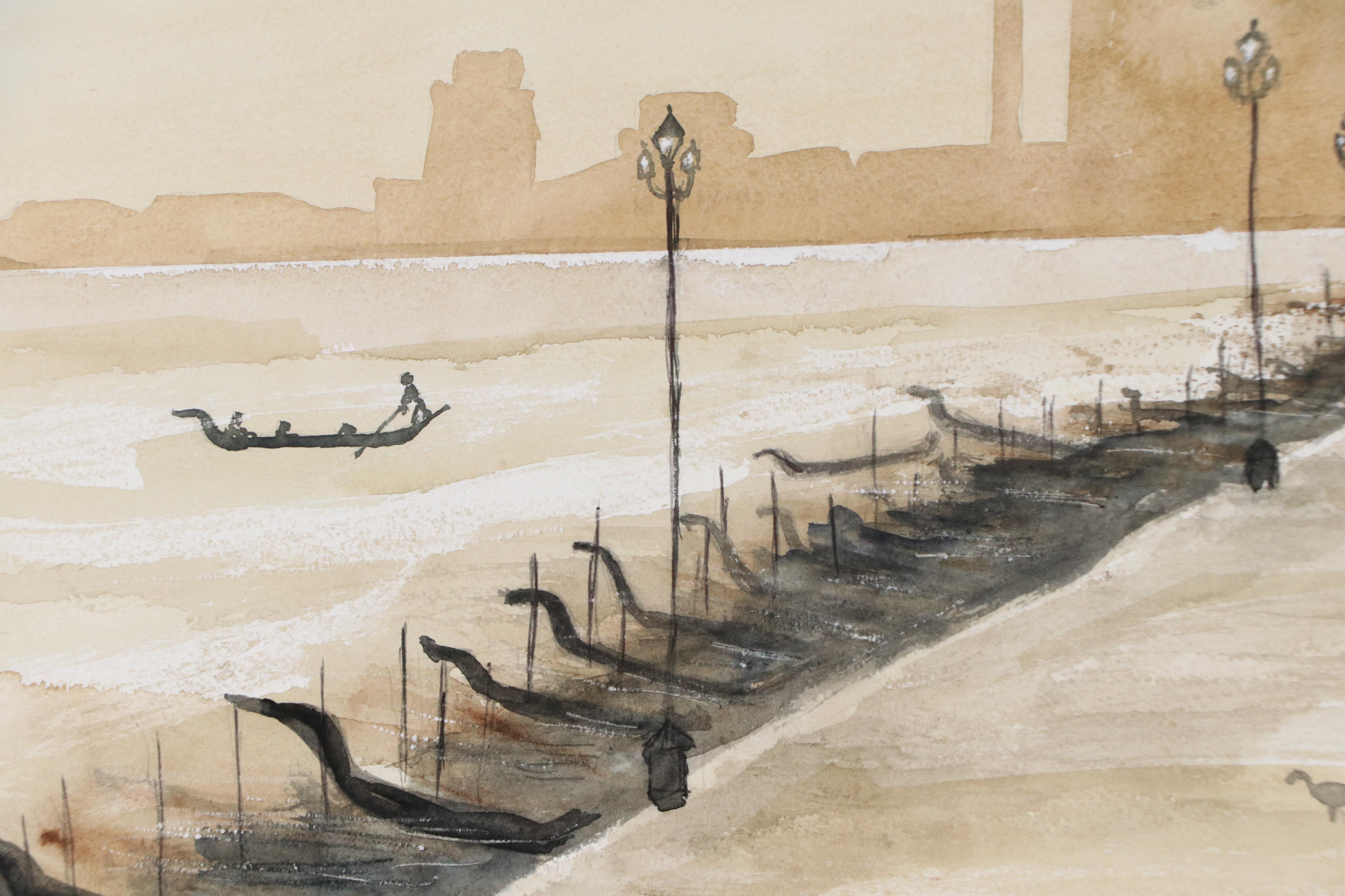 D. DeMeo Watercolor Painting of Venetian Lagoon and Gondolas, 1997