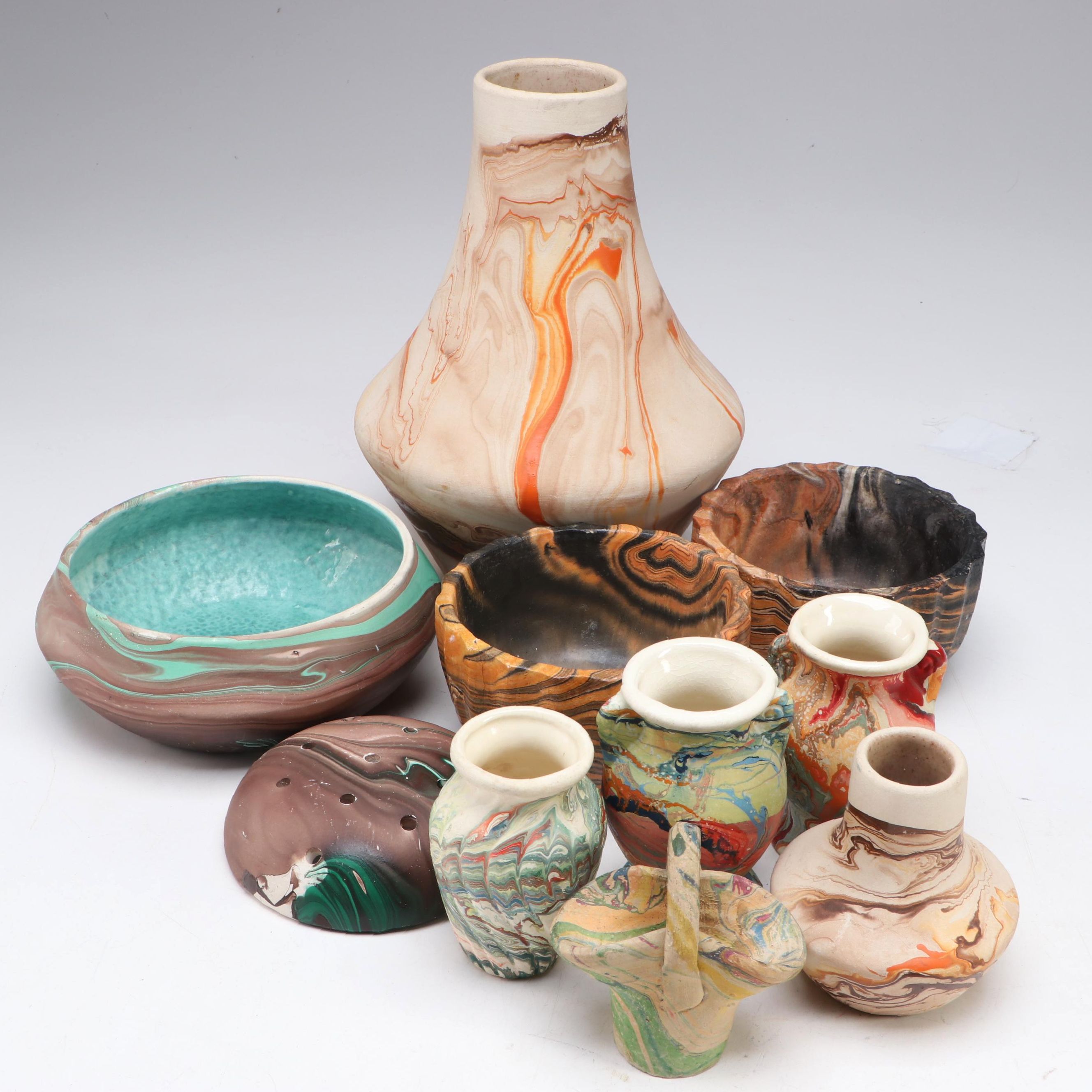 Montana and Other Marbled Ceramic Planters, Vases, and Flower Frog