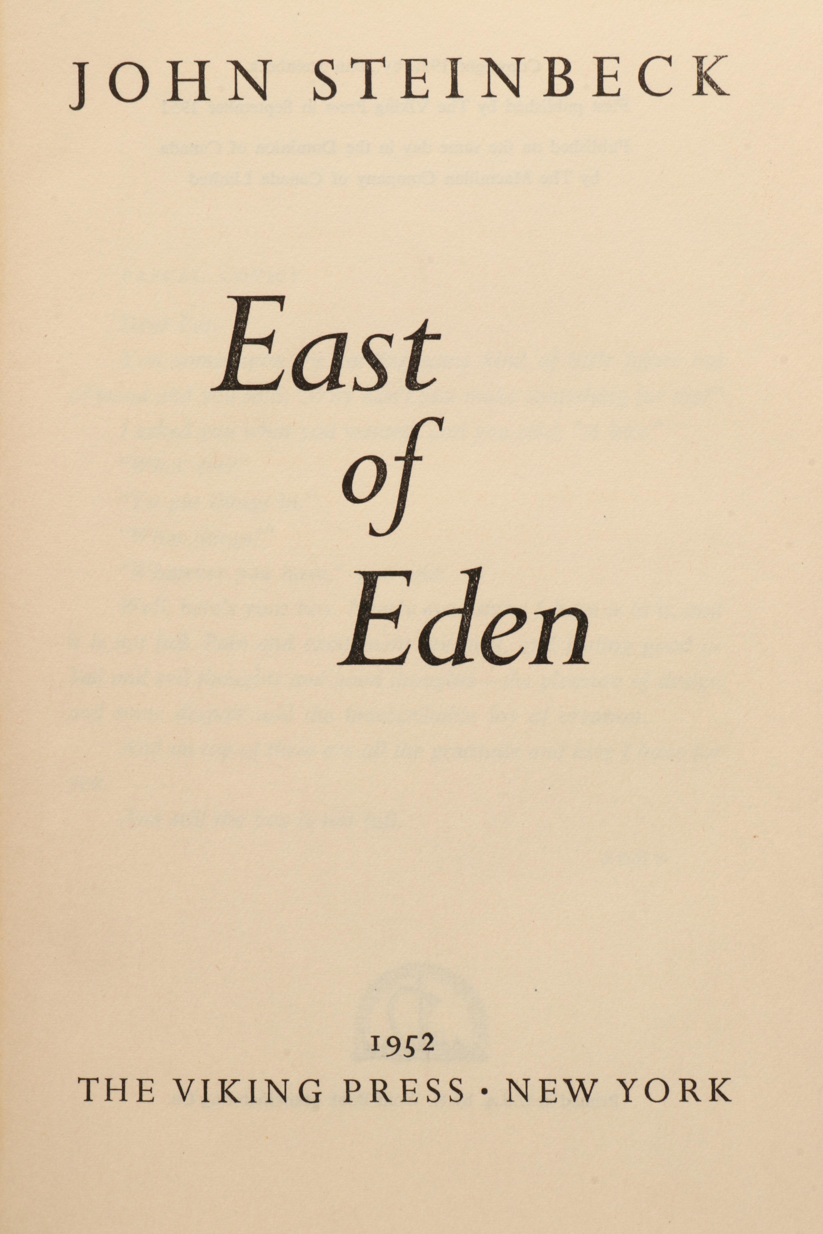 First Trade Edition, First State "East of Eden" by John Steinbeck, 1952