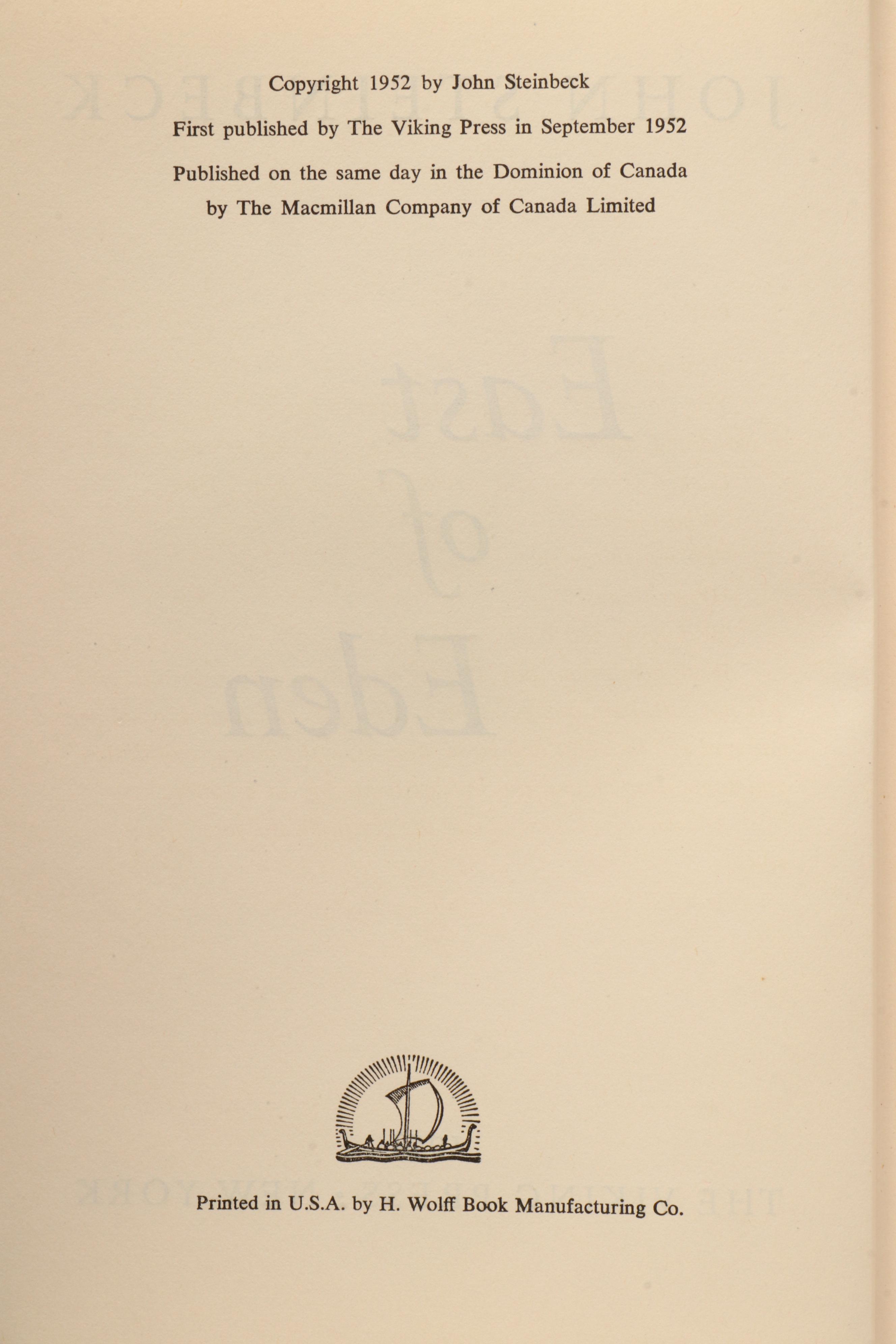 First Trade Edition, First State "East of Eden" by John Steinbeck, 1952